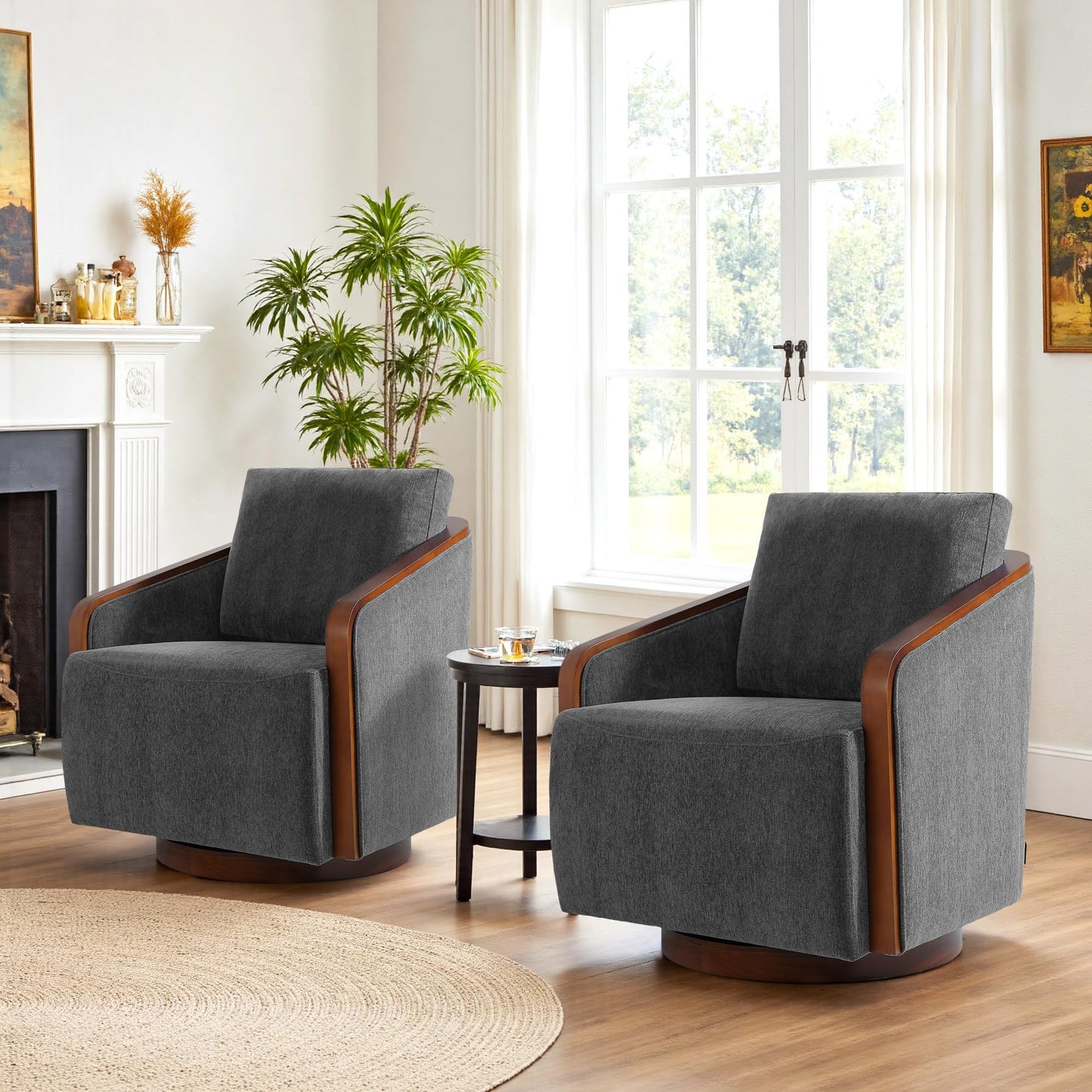 360° Swivel Barrel Chairs Set of 2, Upholstered Swivel Round Barrel Chair, Comfy Chenille Fabric Single Club Armchair Accent Chair for Living Room, Reading Room, Bedroom, Beige Brown
