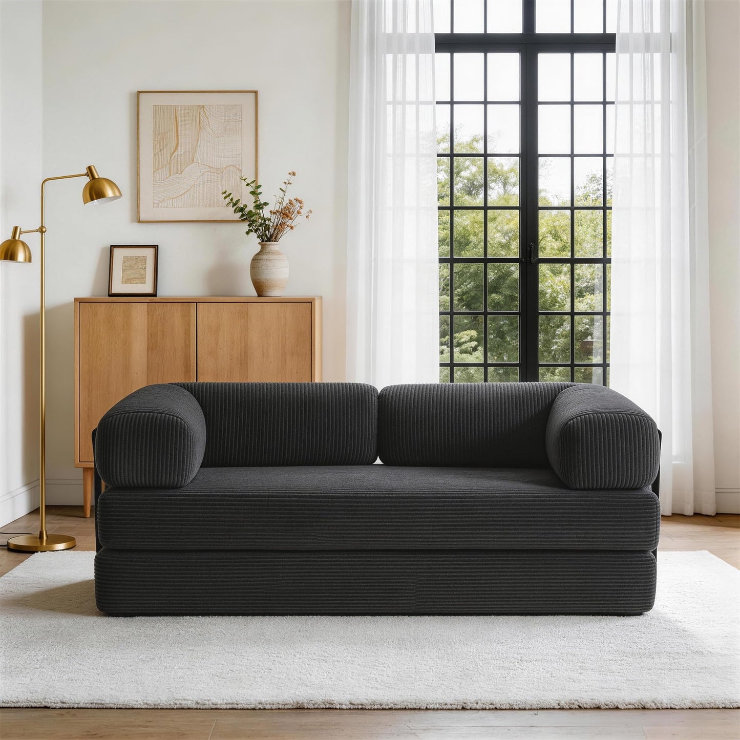 79'' Convertible Sleeper Sofa Bed, 4-in-1 Corduroy Folding Floor Couch, No Assembly Modular Boneless Loveseat with Pull Out Bed, Comfy Foldable Sofa Bed for Living Room Bedroom Guest Room, Gray