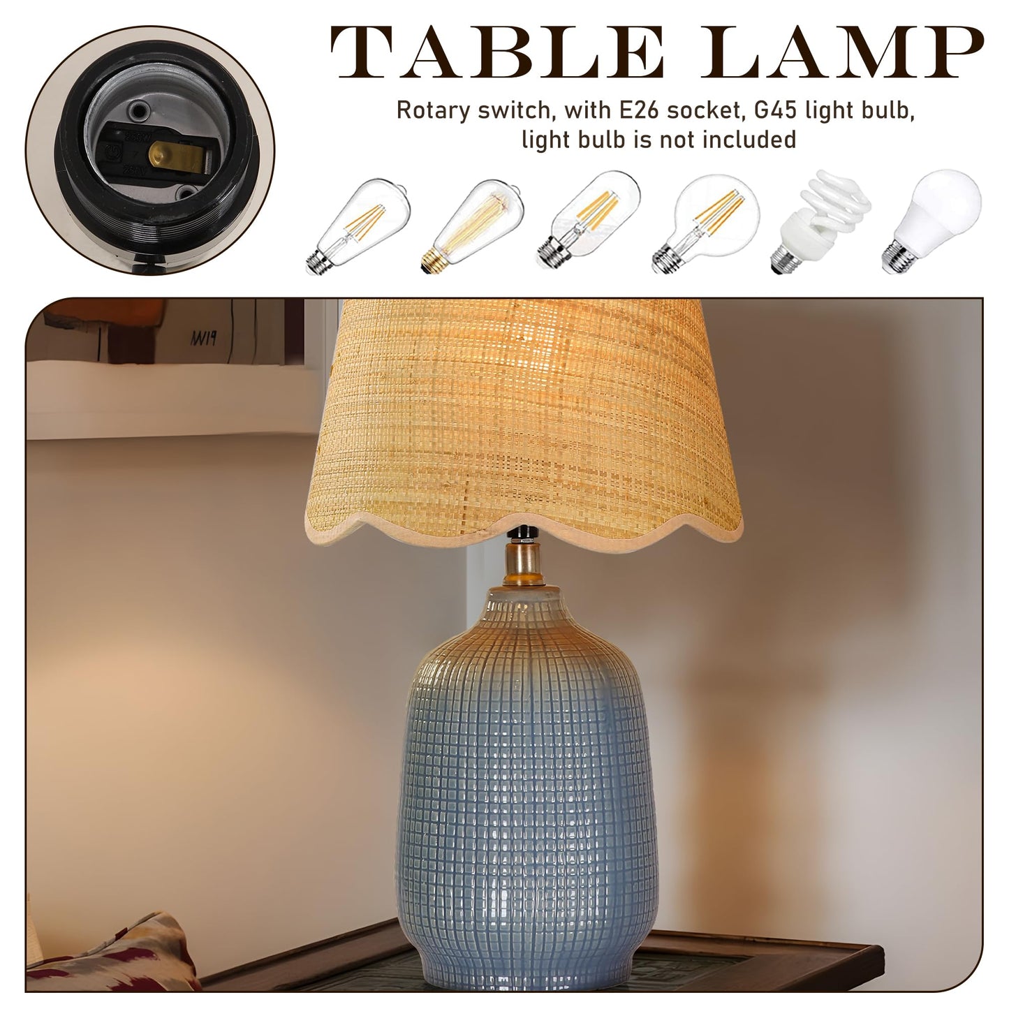 Farmhouse Ceramic Table Lamp, 21" Rustic Table Lamp with Linen Shade, 3-Way Dimmable Bedside Nightstand Lamps for Bedroom, Living Room, E26 Socket, Dark Grey