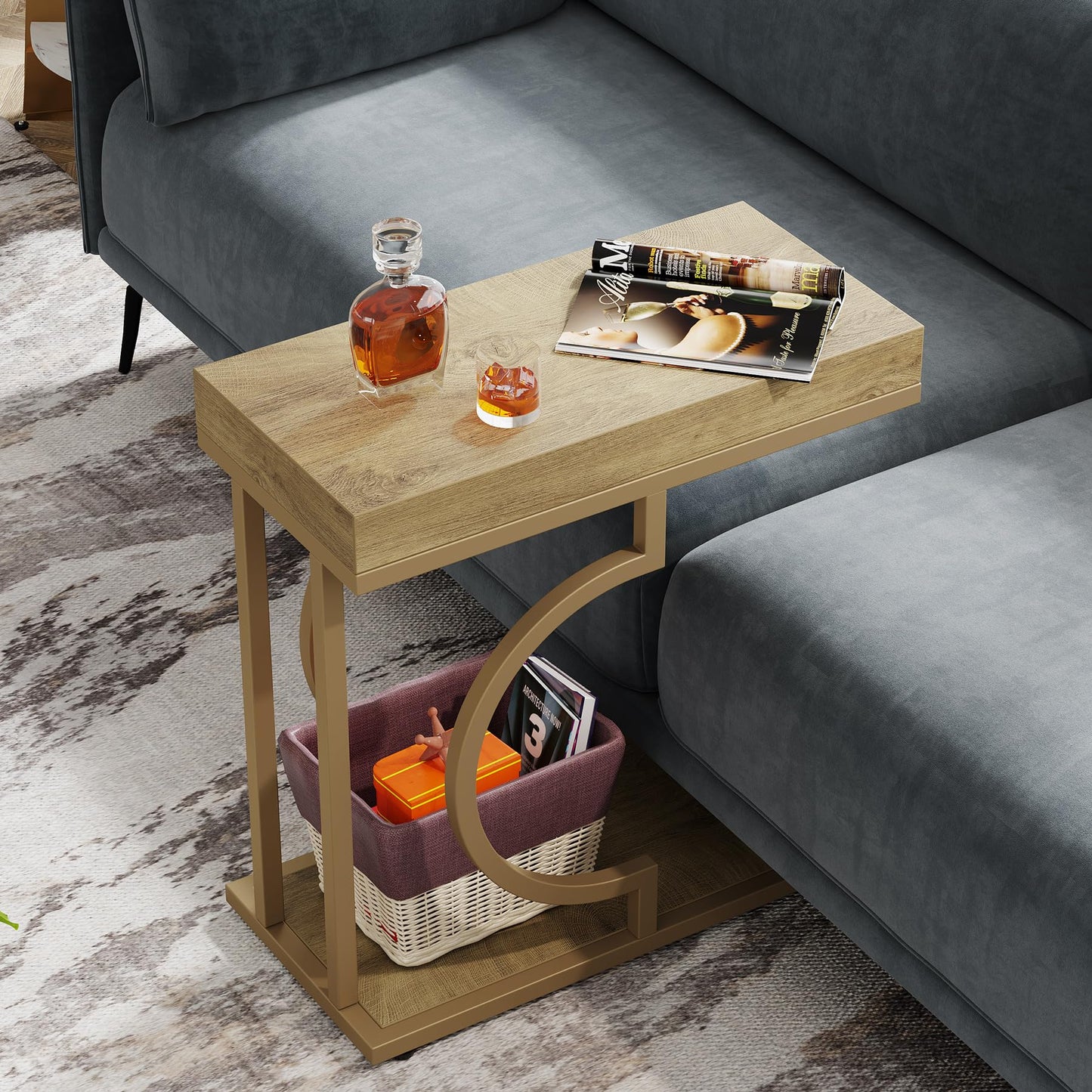 Tribesigns Narrow Side Table for Couch, C Shaped End Table with Metal Frame, Modern Bedside Tables, Small Sofa Tables for Small Spaces, Living Room (1, Brown+Black)
