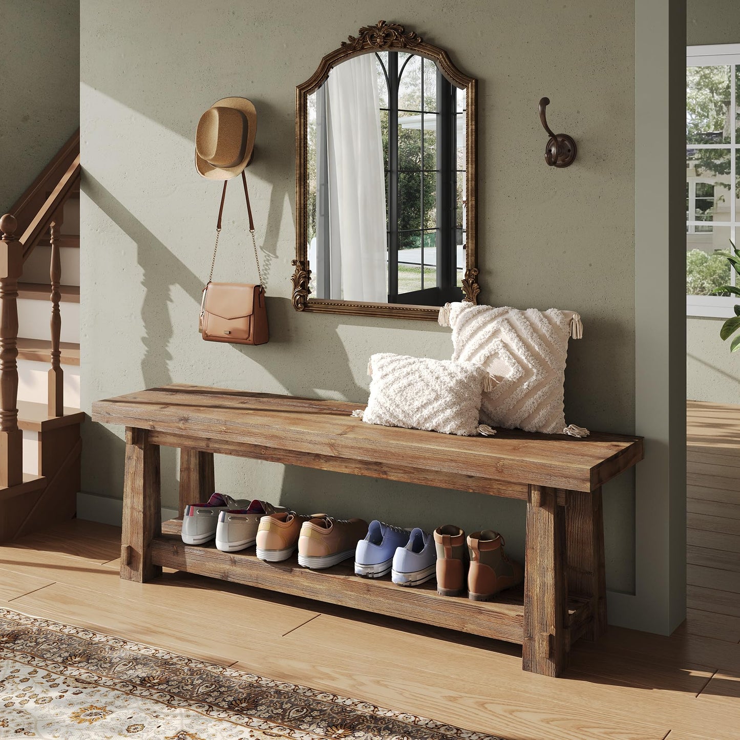 55" Solid Wood Entryway Bench with Shoe Storage, Rustic Wood Grain Shoe Rack Window Bench Seat for Foyer, Hallway, Mudroom, Bedroom, Easy Assembly (Rustic Light Wood)