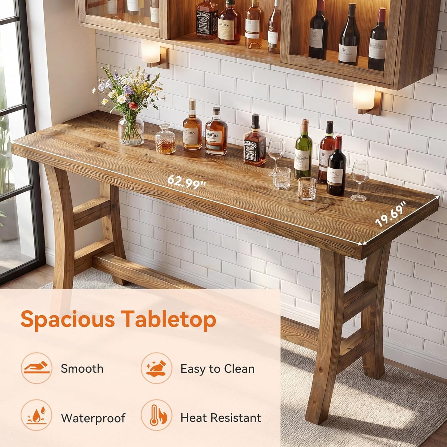 63-Inch Solid Wood Bar Table, Farmhouse Counter Height Pub Table with Footrest, Rectangular High Top Home Bar Units for Home Kitchen, Dining Room, Bistro (Without Chair, Retro Brown)