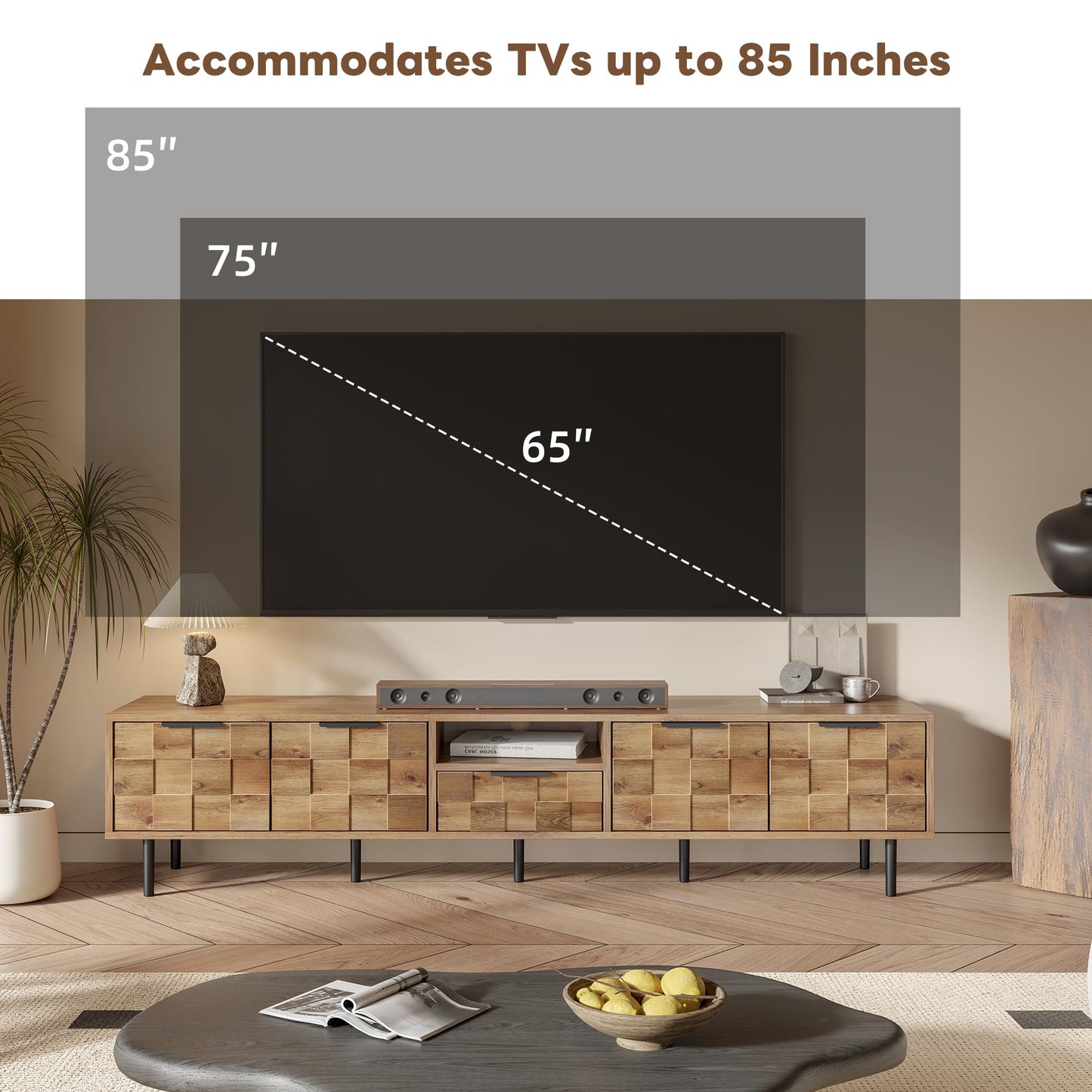 LKTART 67" Mid Century Modern TV Stand for 65/70/75/80" TVs,Entertainment Center with Sliding Doors and Drawers,Media Console for Living Room