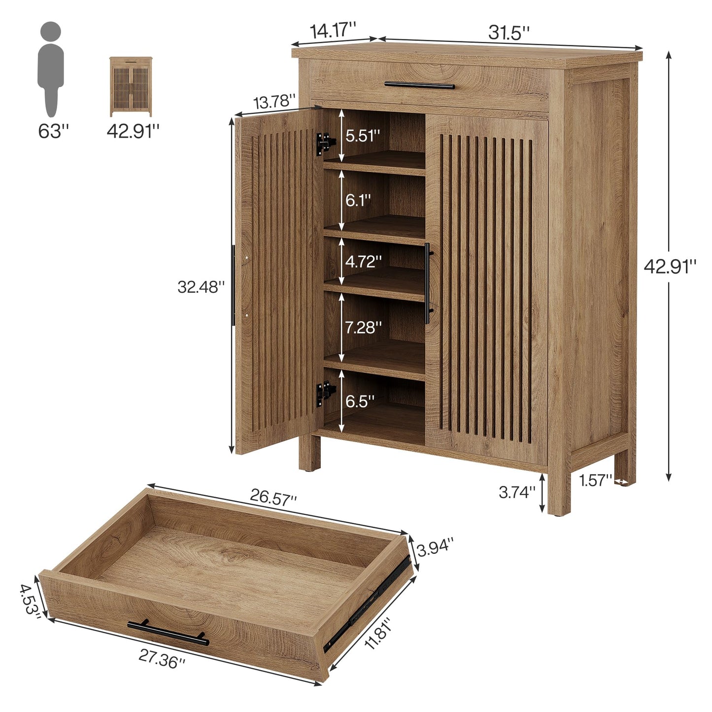 Tribesigns Shoe Cabinet, 5-Tier Shoe Storage Cabinet with Louvered Doors and Drawer, Freestanding Wooden Shoe Rack Organizer with Adjustable Shelves for Entryway, Hallway, Closet, Brown