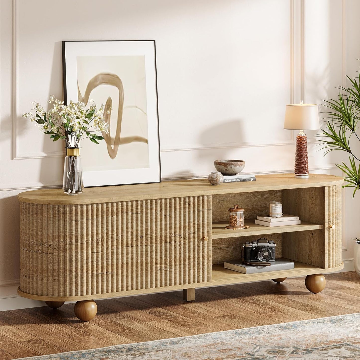 Tribesigns Farmhouse Fluted TV Stand, 70" Extra Long Media Console for TVs up to 65+ Inches, Wooden Entertainment Center with Storage Shelves and Sliding Doors for Living Room, Bedroom, Walnut