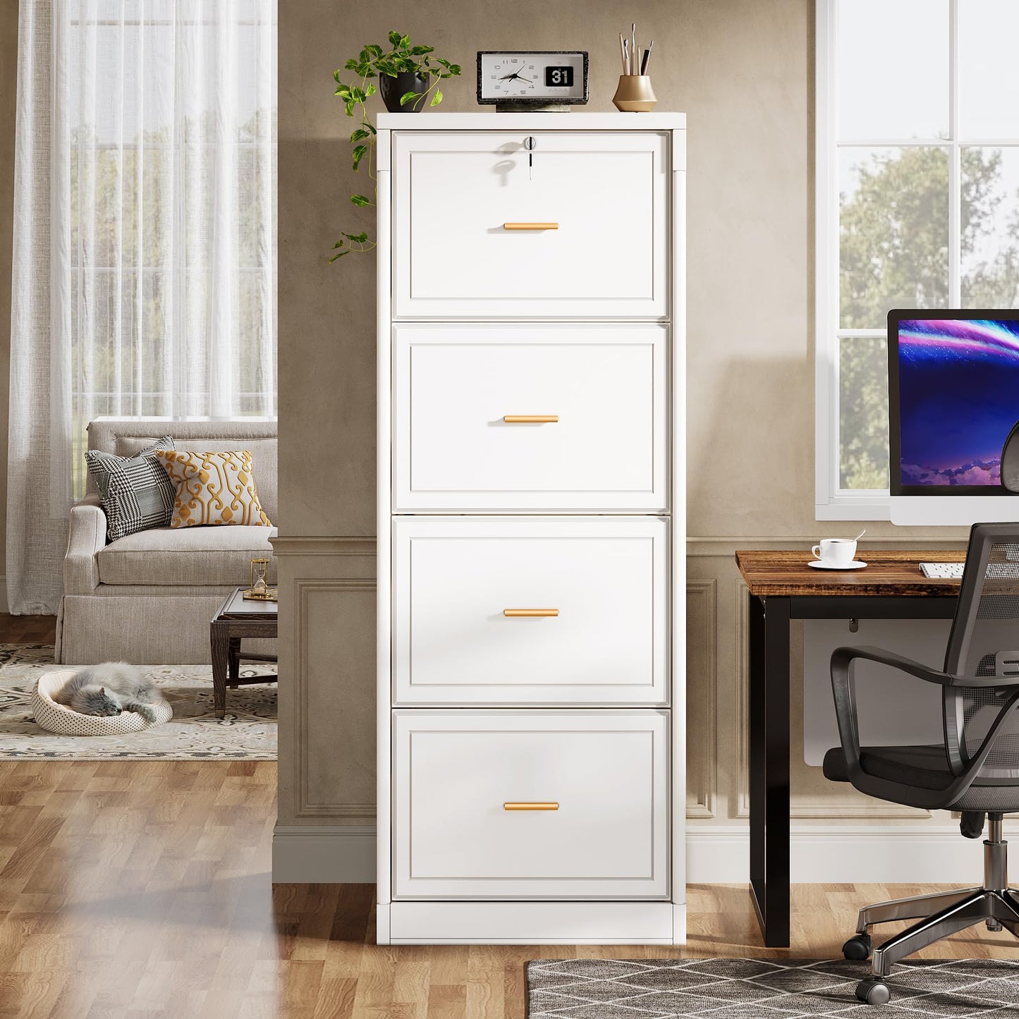 Tribesigns 4-Drawer File Cabinet with Lock, Locked File Cabinet with Key, Tall Wooden Filing Cabinets for Home Office, Vertical Office Storage for Legal Size/Letter/A4/Files, Brown