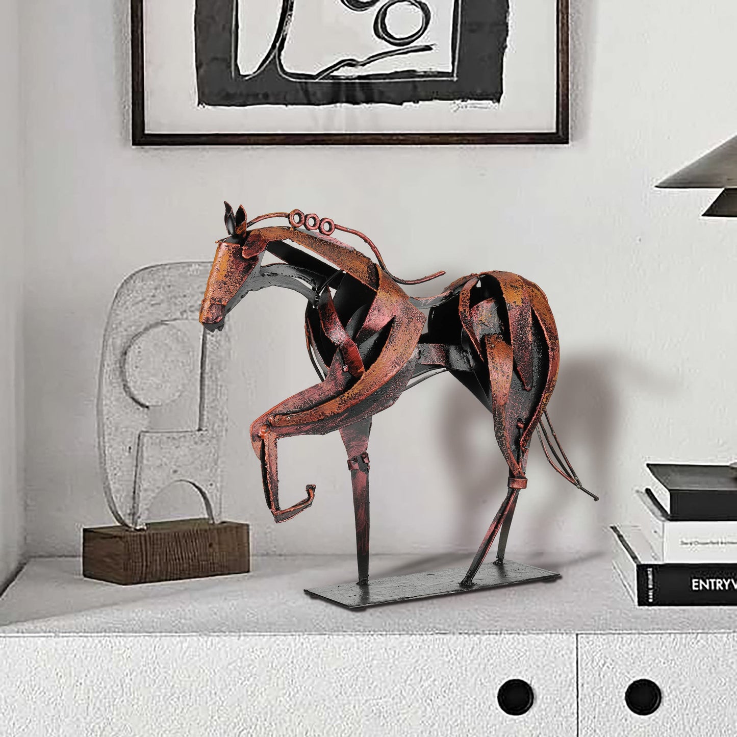 SunBlogs Art Metal Horse Statue Decor, Handmade Strong Modern Horse Sculpture Handicraft, Rustic Metal Statue Decorations Gift for Home Office Desk Figurine (Brown)
