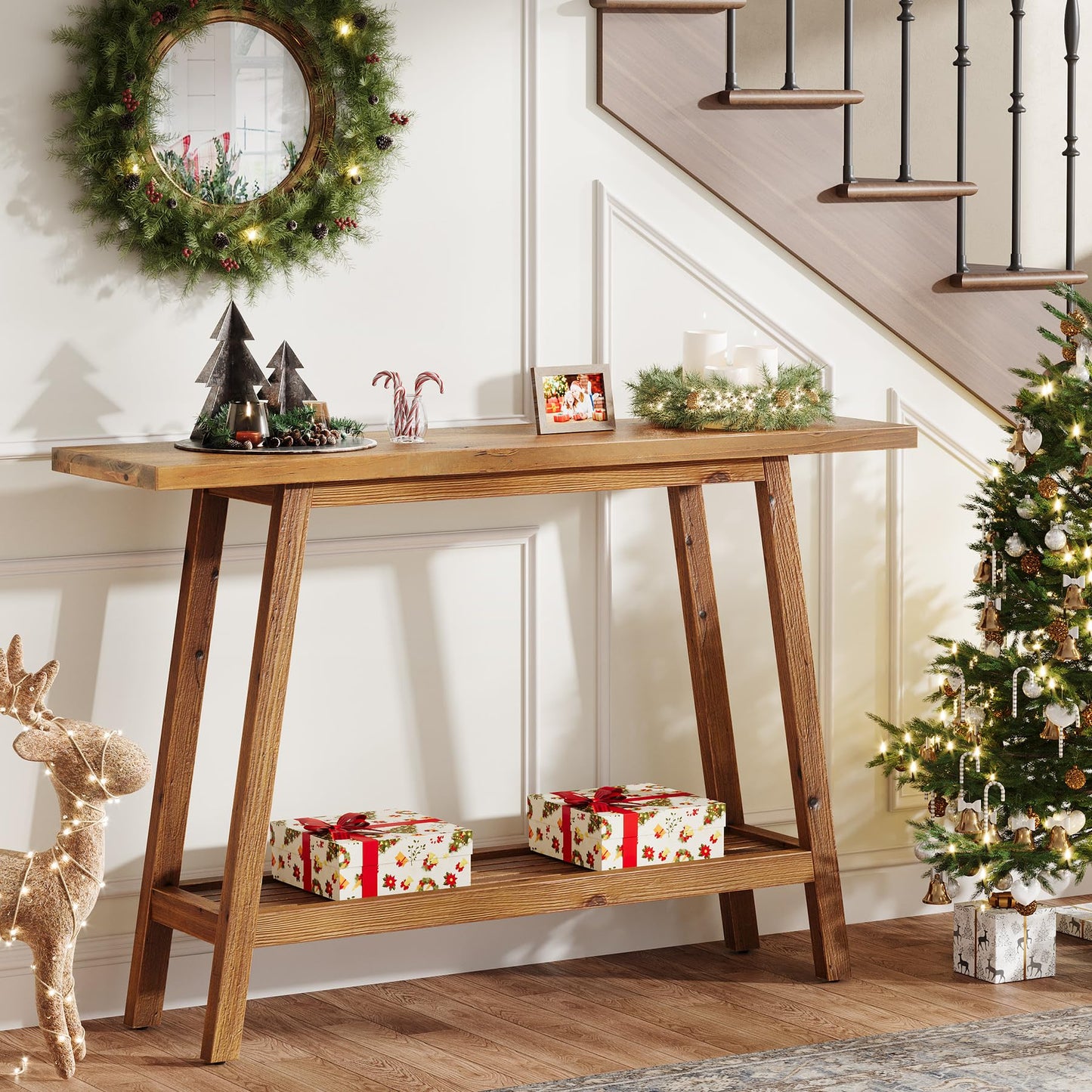 Solid Wood Console Table, 41.3" Rustic Entryway Table with Storage Shelf, 2 Tiers Narrow Skinny Couch Table Behind Sofa for Hallway, Entrance, Foyer, Living Room, Brown (Brown)