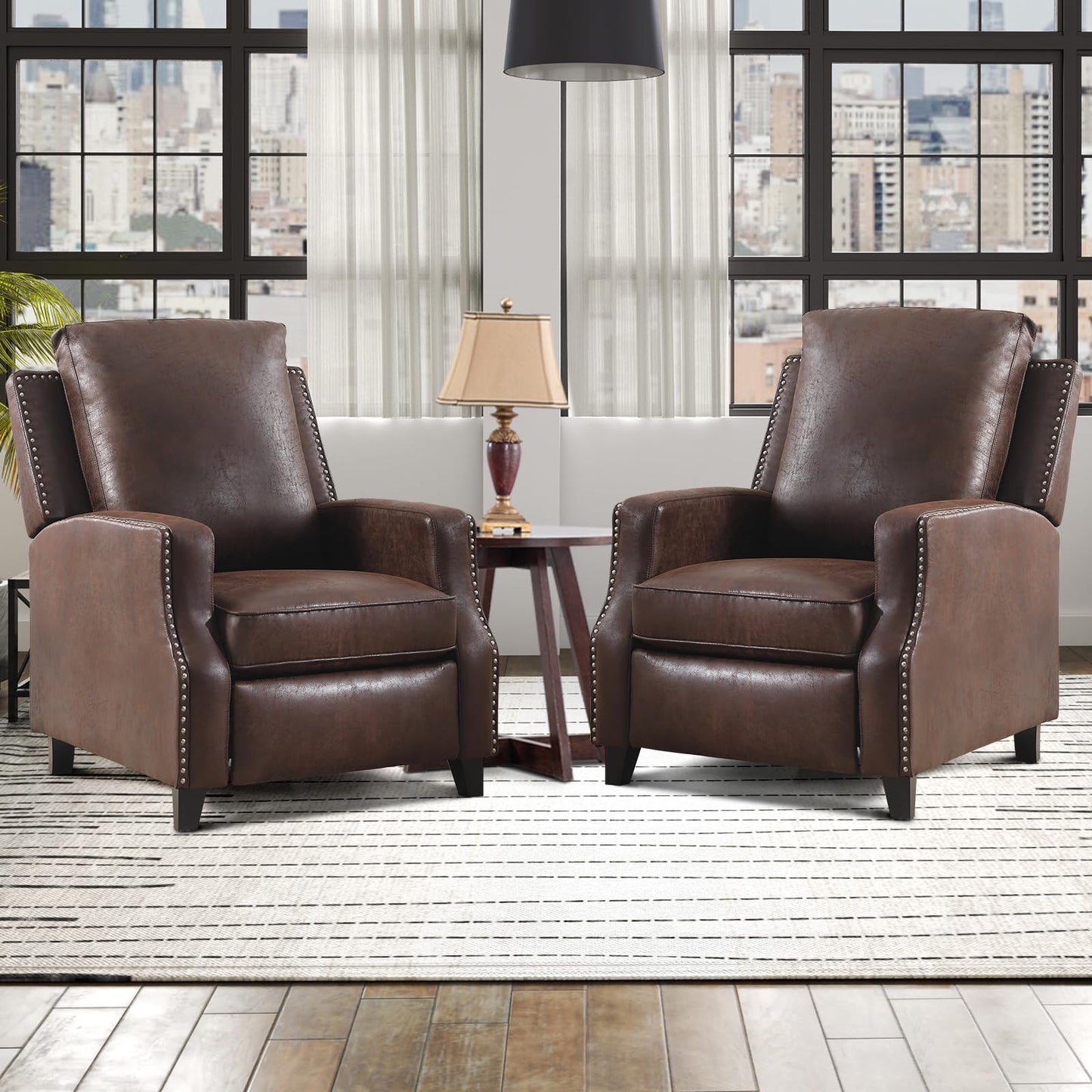 IOMOR Push Back Recliner Chair Faux Leather Lounge Armchair with Rivet Decoration Wingback Single Sofa Chair with Padded Seat Solid Wood Legs for Living Room, Comfy Upholstered, Red Brown