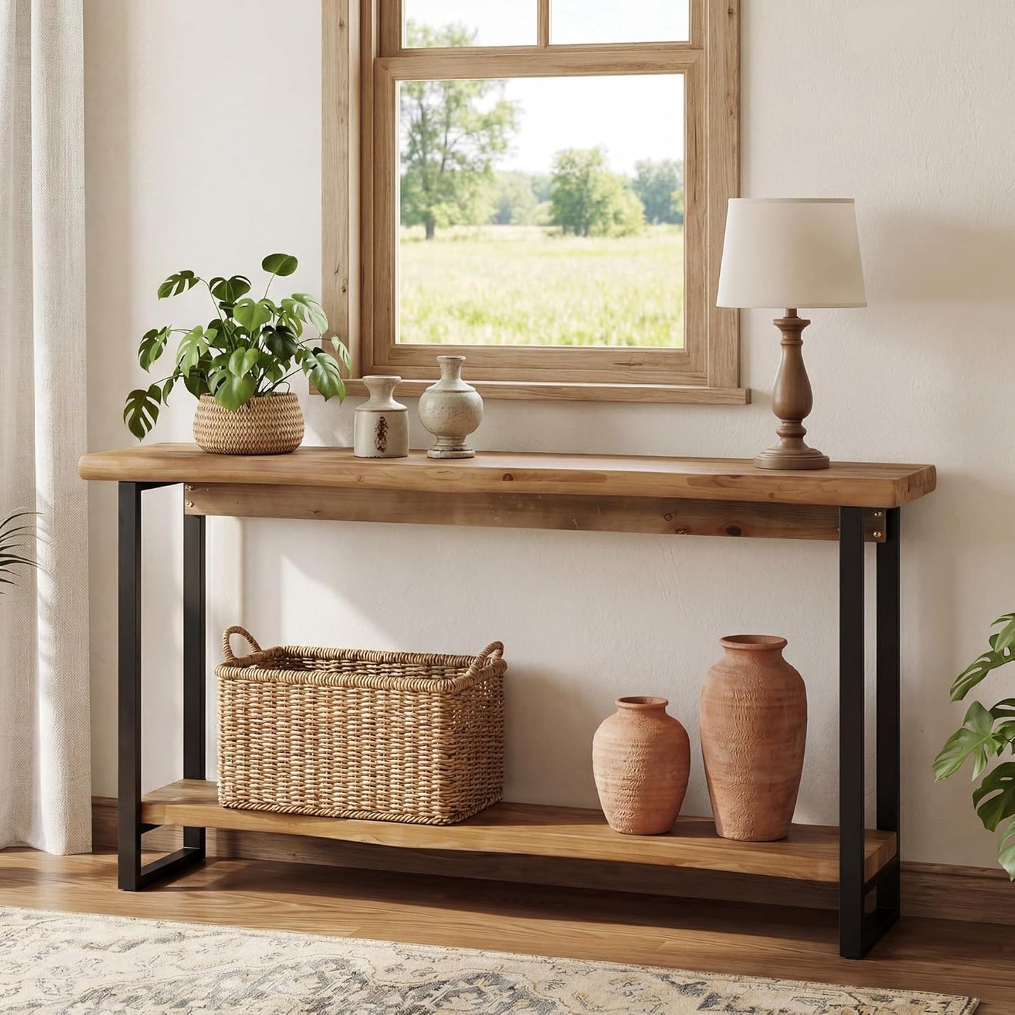 Solid Wood Live-Edge Console Table for Entryway, Farmhouse 63-Inch Narrow Long Sofa Table Behind Couch with Unique Shape, Heavy-Duty Metal Legs, Ideal for Foyer, Entrance, Living Room