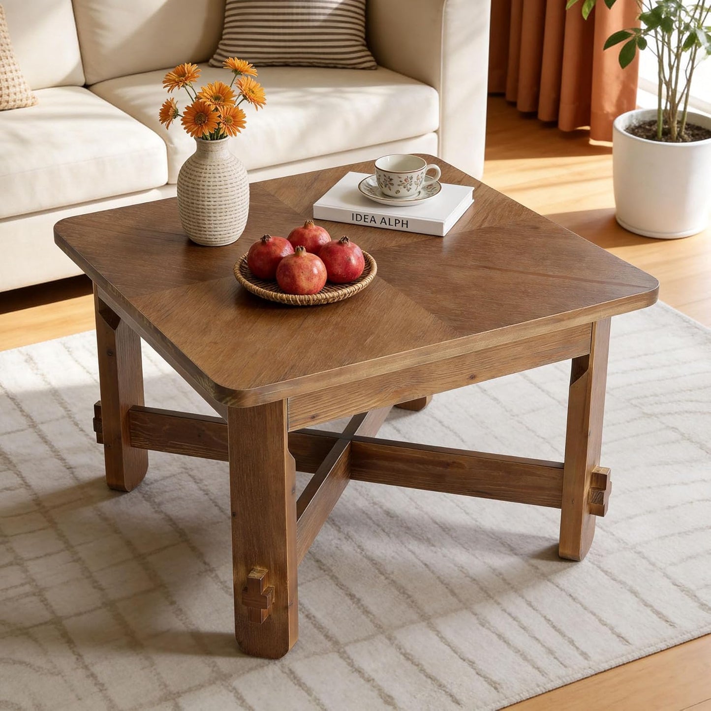 31.5" Square Coffee Table, Solid Wood Accent Center Table with Thick Tabletop and Sturdy Cross-braced Legs, Farmhouse Rustic Tea Cocktail Tables for Living Room, Apartment, Vintage Brown