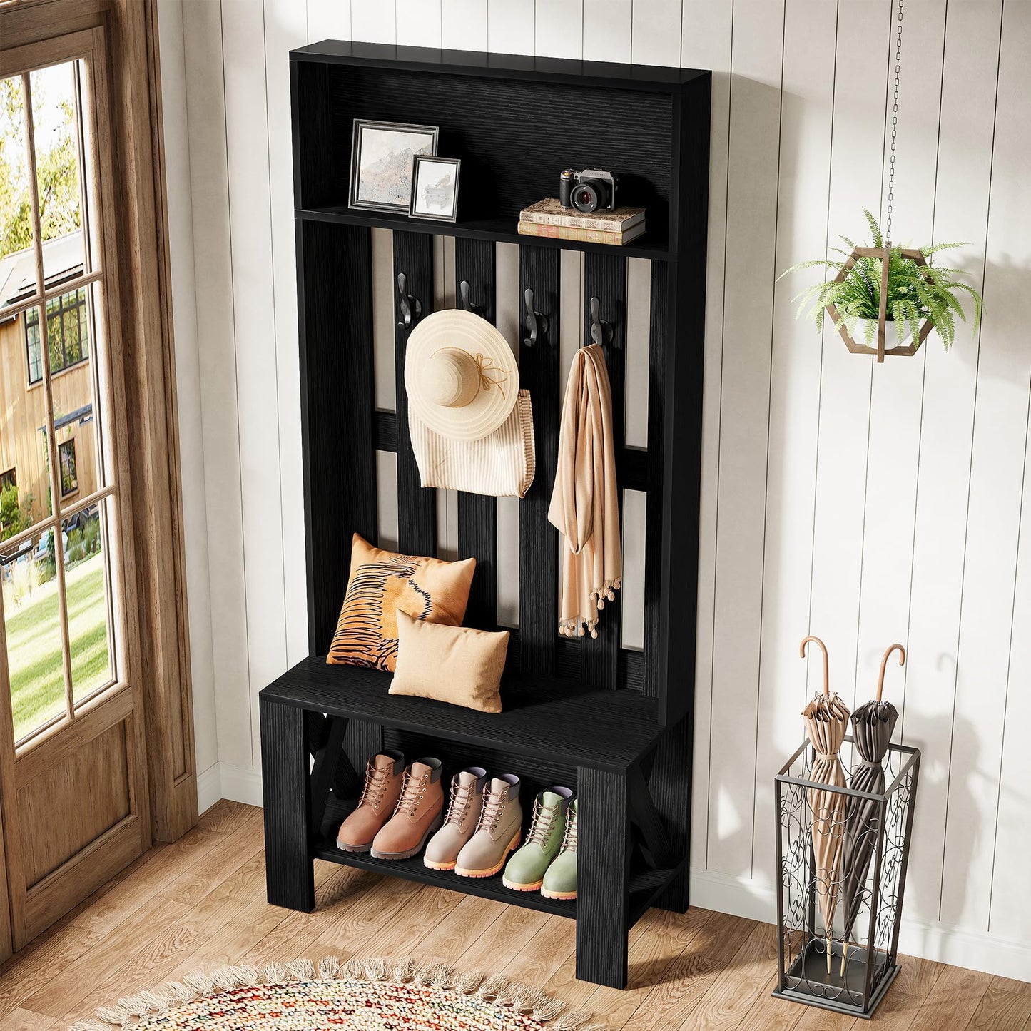 Tribesigns Hall Tree with Bench and Shoe Storage, Farmhouse Entryway Bench with Coat Racks, 70.8" Tall Wooden Hall Tree Organizer with 4 Hooks for Mudroom, Hallway, Bedroom, Space-Saving, Brown