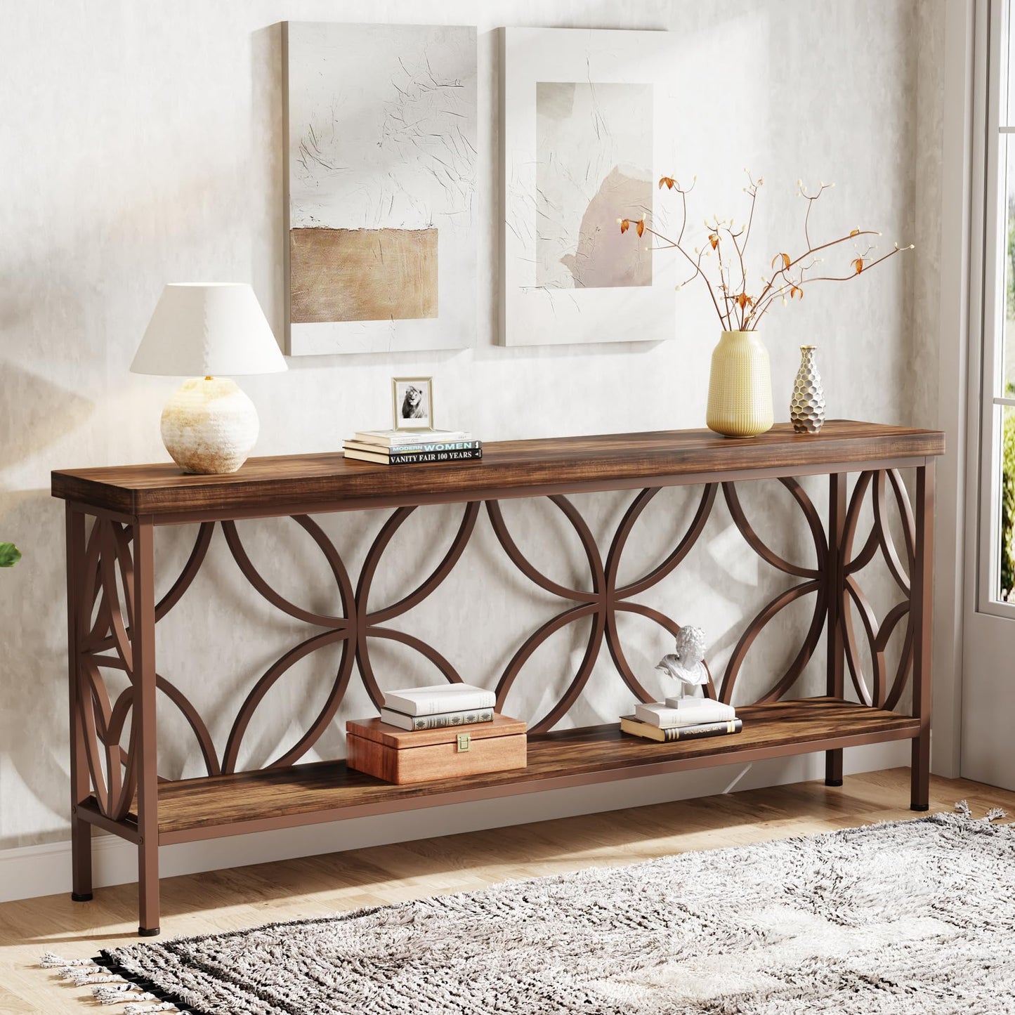Tribesigns 70.9-Inch Narrow Sofa Table, Industrial Long Sofa Table Behind Couch, Entry Console Table with Storage for Entryway, Living Room, Foyer, Unique Design, Rustic Brown