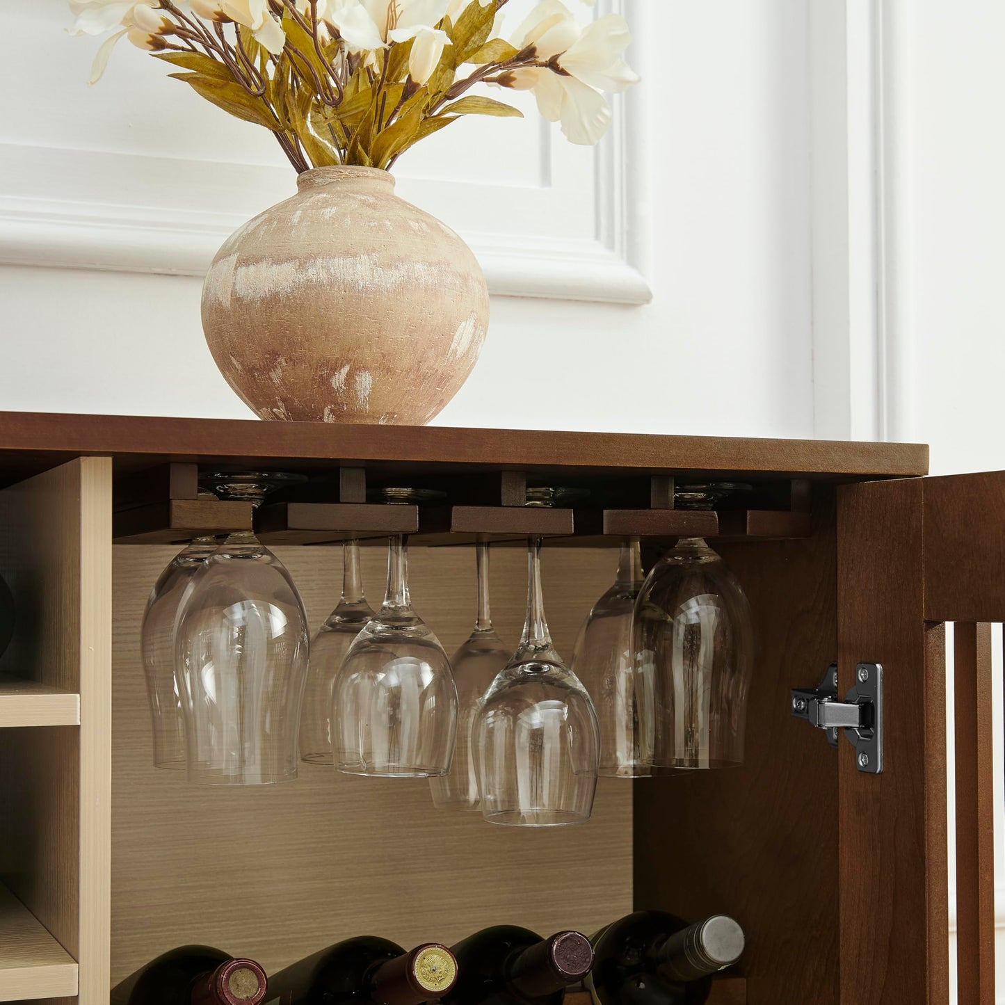 LKTART Wine Cabinet & Coffee Bar with Bottle Holders & Stemware Racks,Liquor Cabinet with Open Storage and Built-in Door Shelves,Bar Cabinet with Solid Wood Legs and Adjustable Shelf