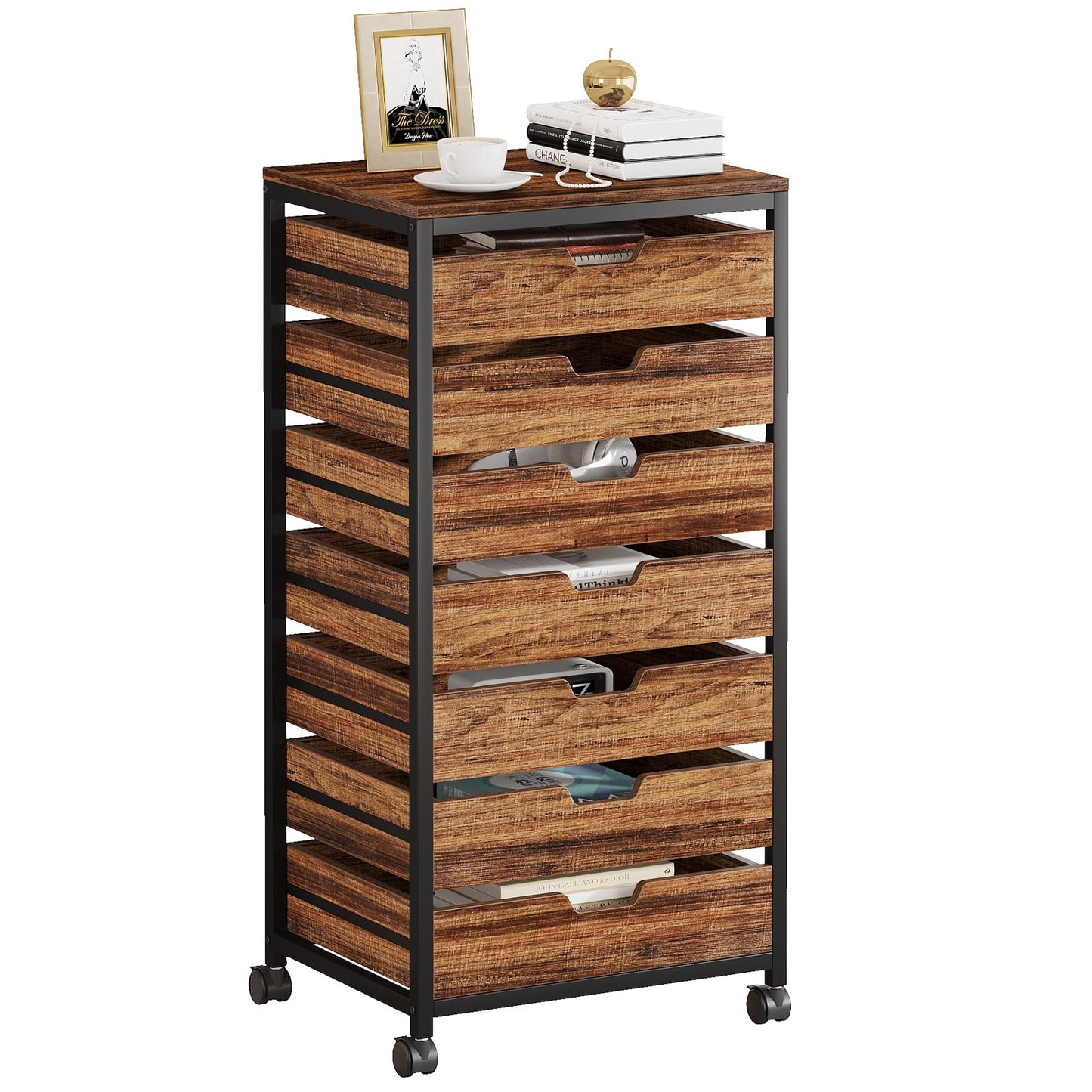 Tribesigns 5 Drawer Chest, Wood Storage Dresser Cabinet with Wheels, Industrial Storage Drawer Organizer Cart for Office Bedroom Entryway (Rustic Brown, 1 PC)