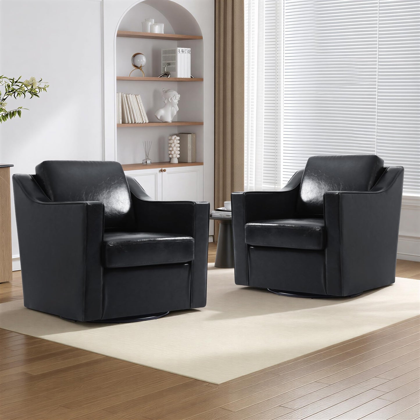 Swivel Accent Chairs Set of 2, 360° Swivel Upholstered Faux Leather Club Armchairs for Living Room, Comfy Single Sofa Reading Chair with Deep Seat, Metal Swivel Base, Coffee