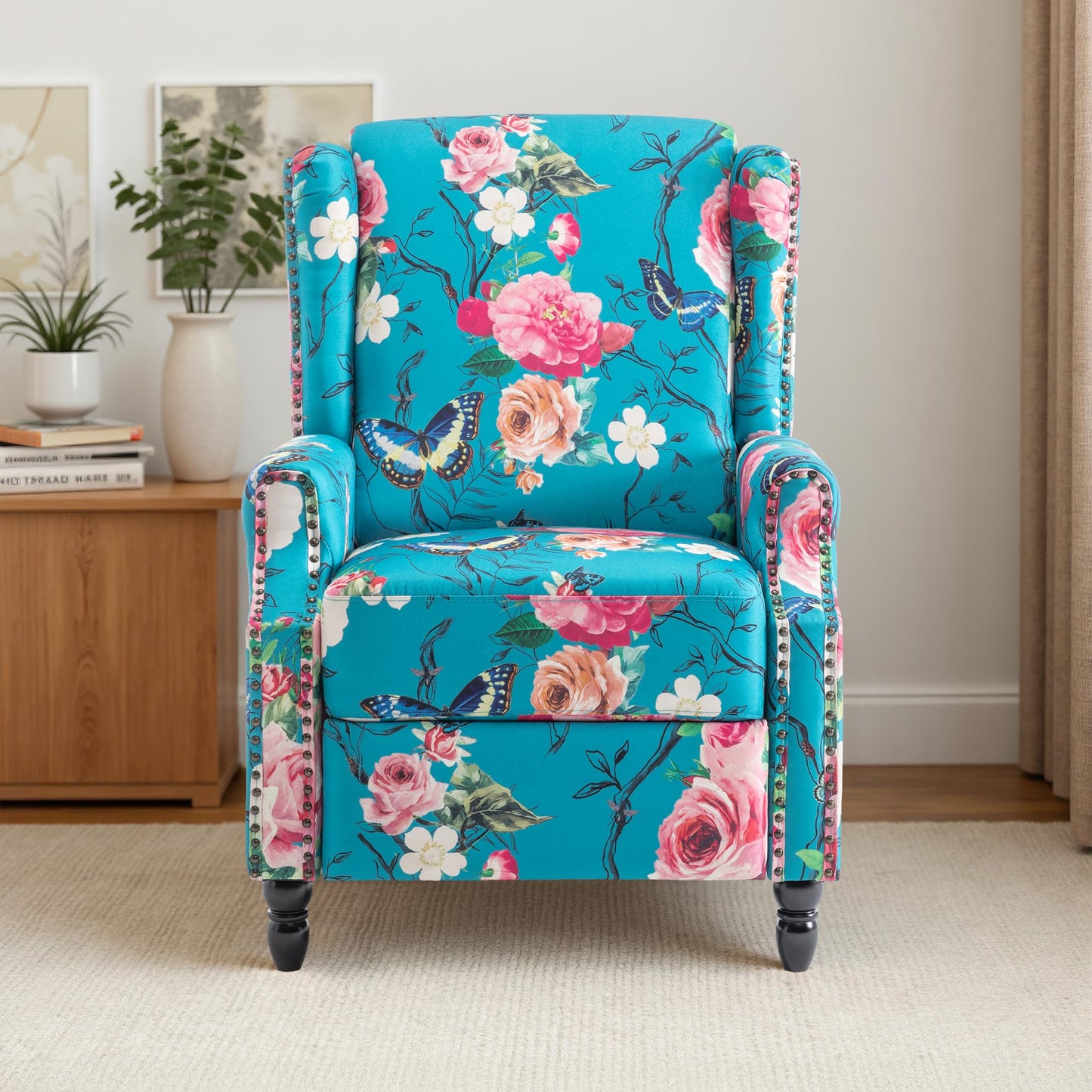 Pushback Recliner Chair, Printed Fabric Wingback Recliner Chair for Living Room, Upholstered Armchair Push Back Recliner with Wood Legs, Rivet Trim Wingback Accent Chair for Bedroom, Navy