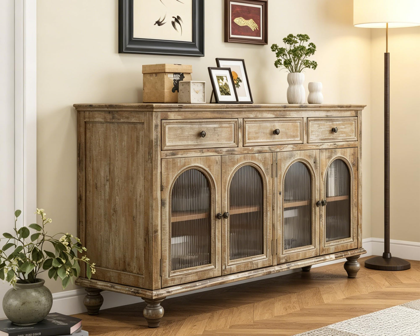 LKTART 60" Farmhouse Sideboard Buffet,Solid Fir Wood Frame with Hollowed-Out Carved Doors,Hand-Distressed Design,Versatile Storage Cabinet for Kitchen, Living Room,Natural Wood