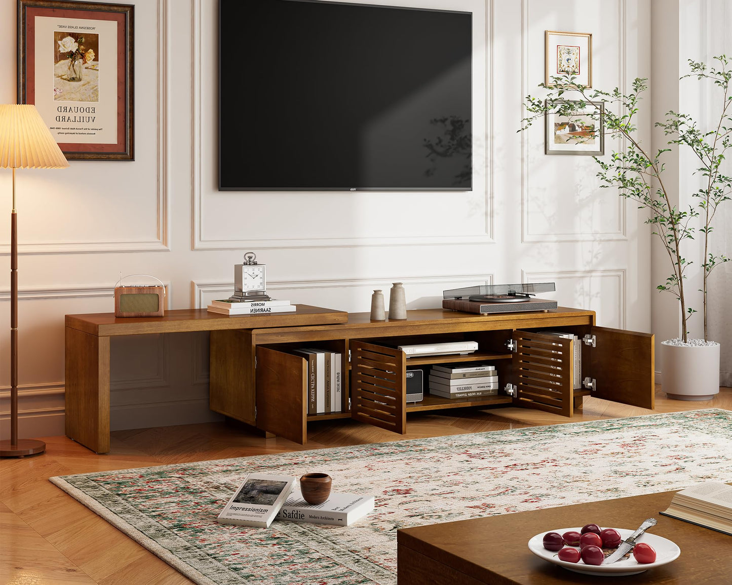 LKTART Mid Century Modern Rattan TV Stand for 65 Inch TV,59" Boho Media Console with Sliding Doors & Open Shelves,Solid Wood Legs for Living Room,Light Walnut