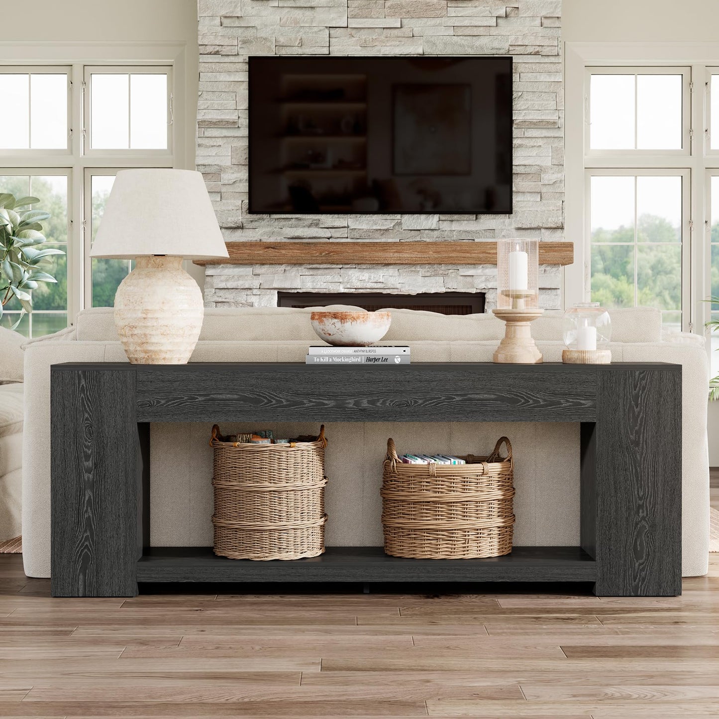 Epecoya 86-Inch Extra Long Console Table for Entryway, Farmhouse Sofa Table Behind Couch Wooden, 2-Tier Entry Console Tables with Storage for Entrance, Living Room, Natural Oak Brown