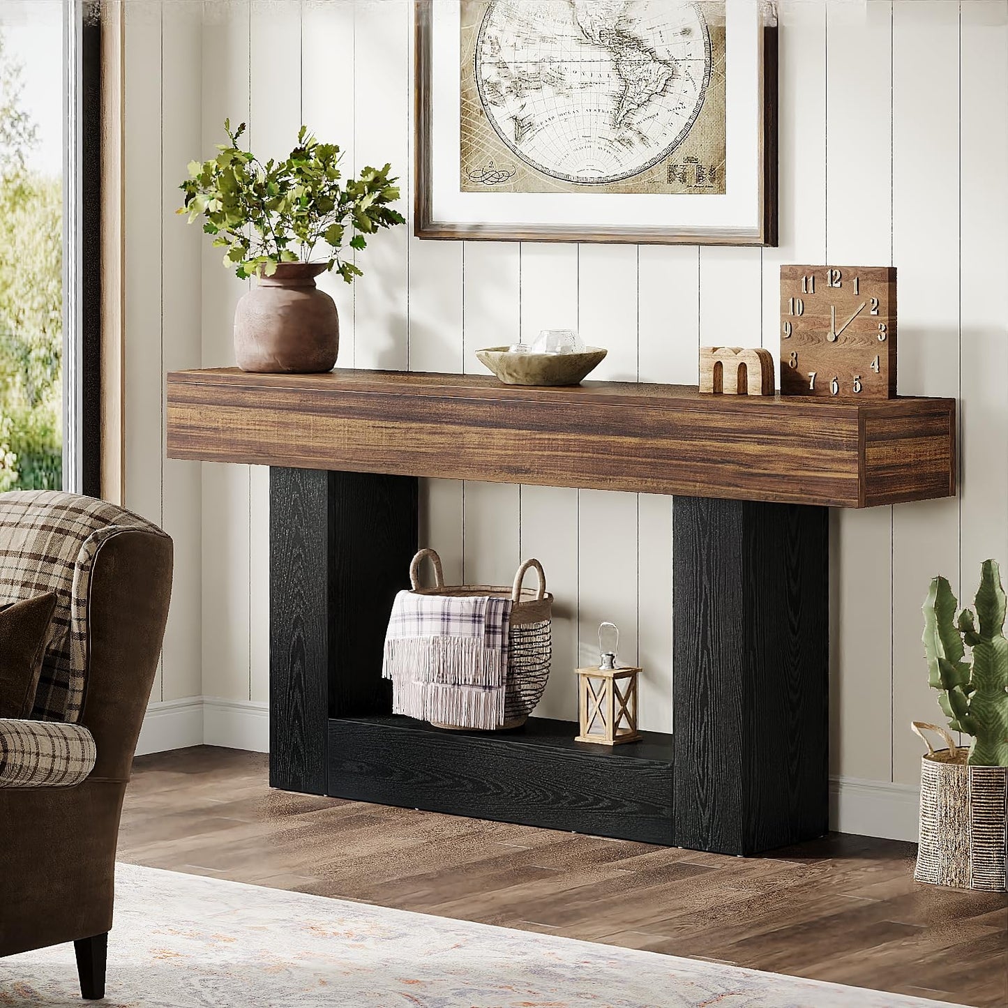 Tribesigns 63" Console Table, Farmhouse 2-Tier Entryway Table with U-Shaped Base, Narrow Long Wood Sofa Table Behind Couch Table for Living Room, Hallway, Foyer, Vintage Brown & Gray | Farmhouse
