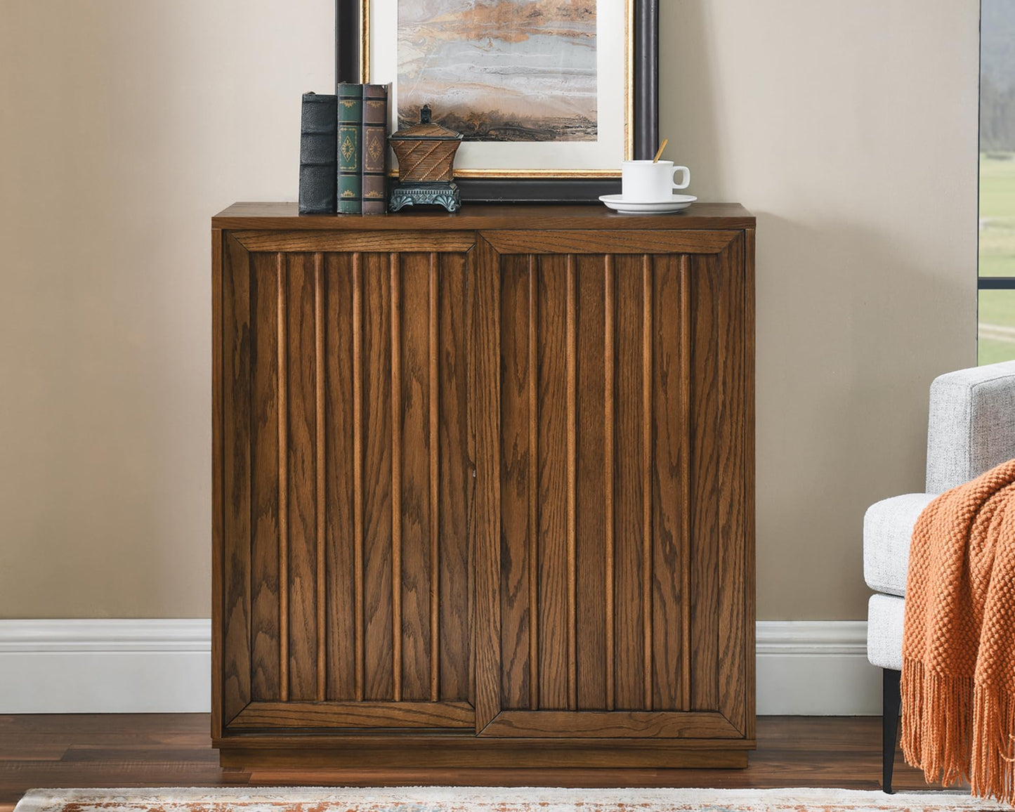 LKTART Mid Century Modern Sideboard Buffet Cabinet, Narrow Walnut Sideboard,Wood Storage Cabinet Credenza with 2 Doors for Living Room, Kitchen, Entryway, Hallway(9.25" D*39" L)