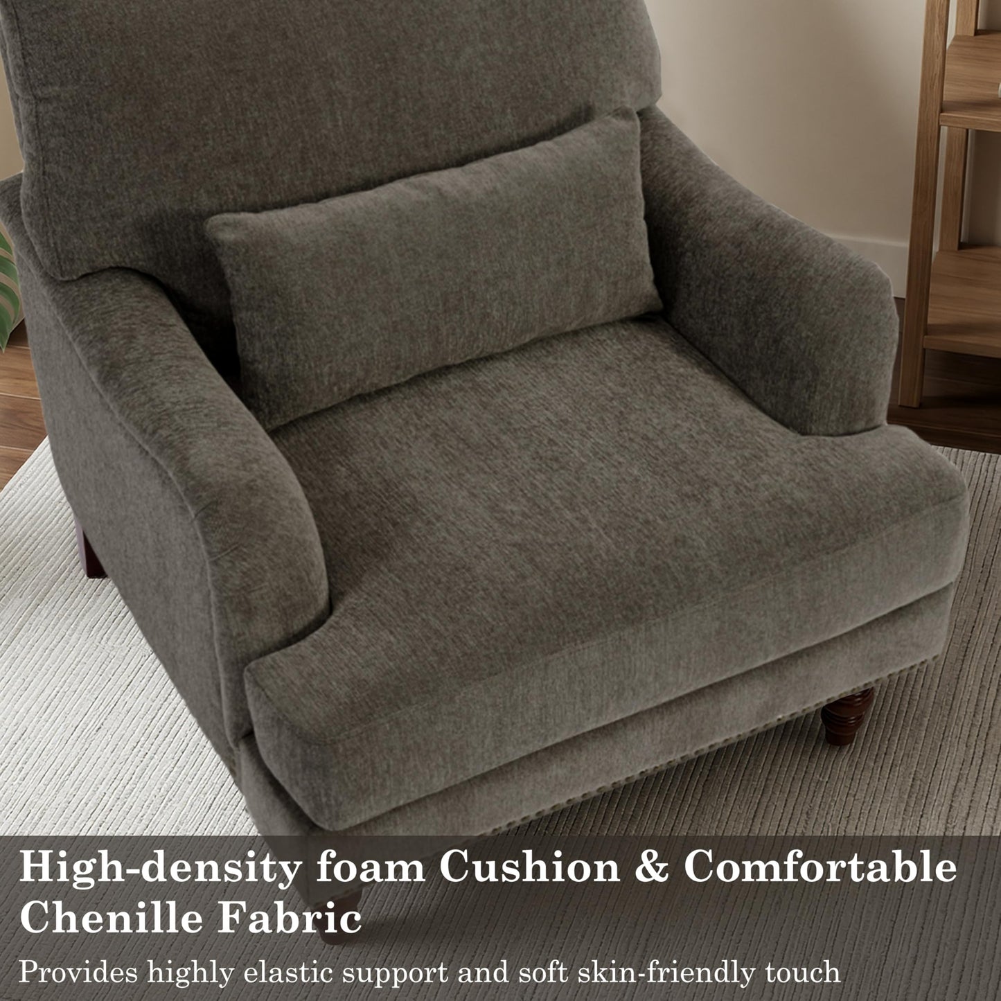 Accent Chair for Living Room, Upholstered Armchair with Nailhead Trim & Solid Wood Legs, Mid Century Modern Club Chair for Bedroom/Reading Room, Rococo Green