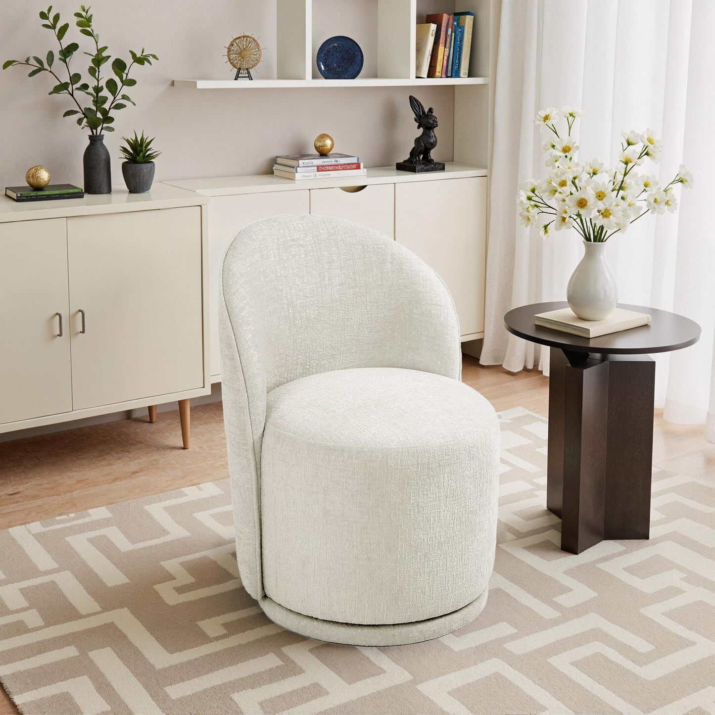Swivel Barrel Dining Chairs Set of 2, Faux Leather Upholstered Round Dining Chairs, 360° Swivel Vanity Chair Comfy Armless Accent Makeup Chair for Dining/Living Room Makeup Room, Brown