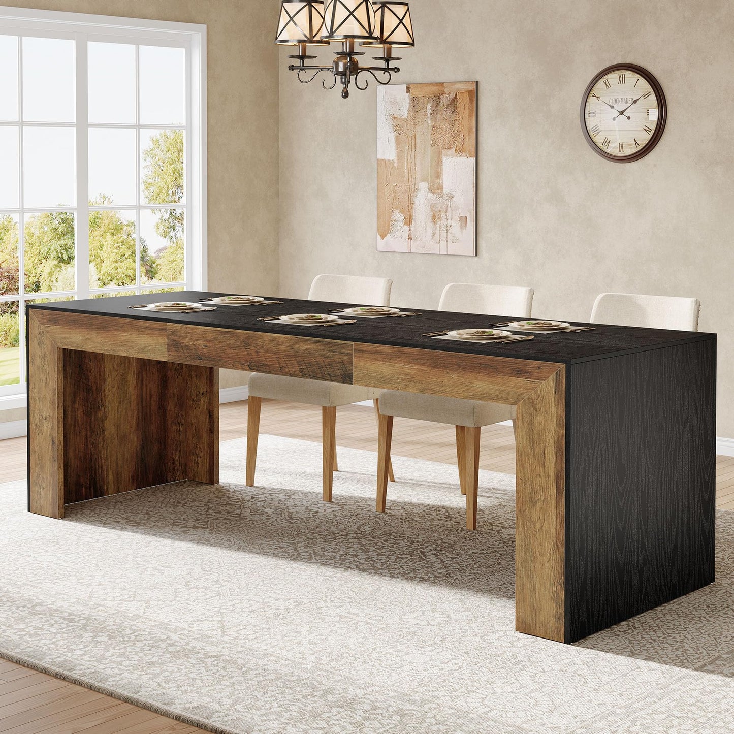 Tribesigns Extra Long Dining Table for 6-8 People, 78.7-Inch Rectangular Kitchen Table with Wooden Tabletop and Legs for Kitchen, Dining Room, Living Room, Heavy Duty, Black+Brown