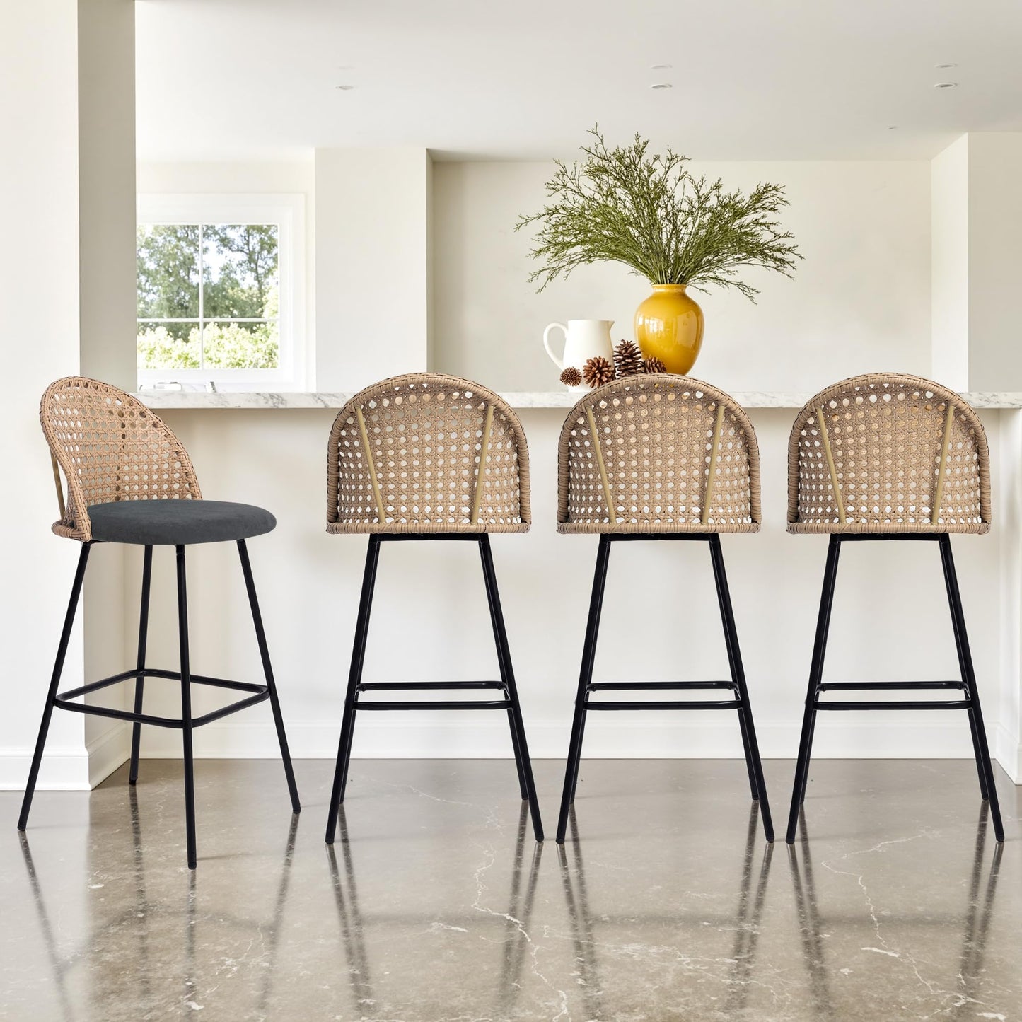 28.7" Swivel Bar Stools Set of 2, Mid Century Modern Counter Height Barstools with Rattan Backrest, Upholstered Chenille Armless Bar Chair Island Stools for Kitchen Island, Bar, Beige