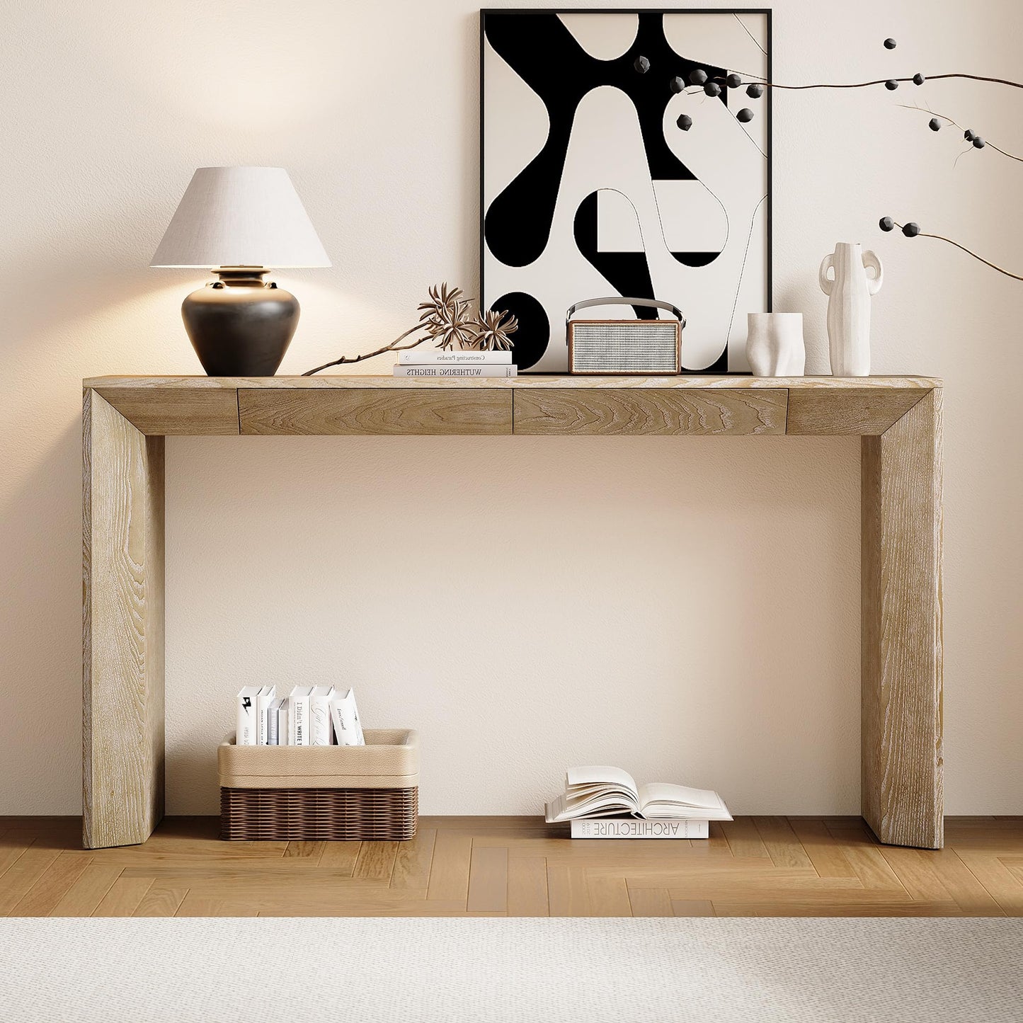 LKTART 60" Modern Farmhouse Console Table with 2 Drawers, Sofa Table Behind Sofa, Wooden Entryway Table for Living Room, Entryway & Foye,Black