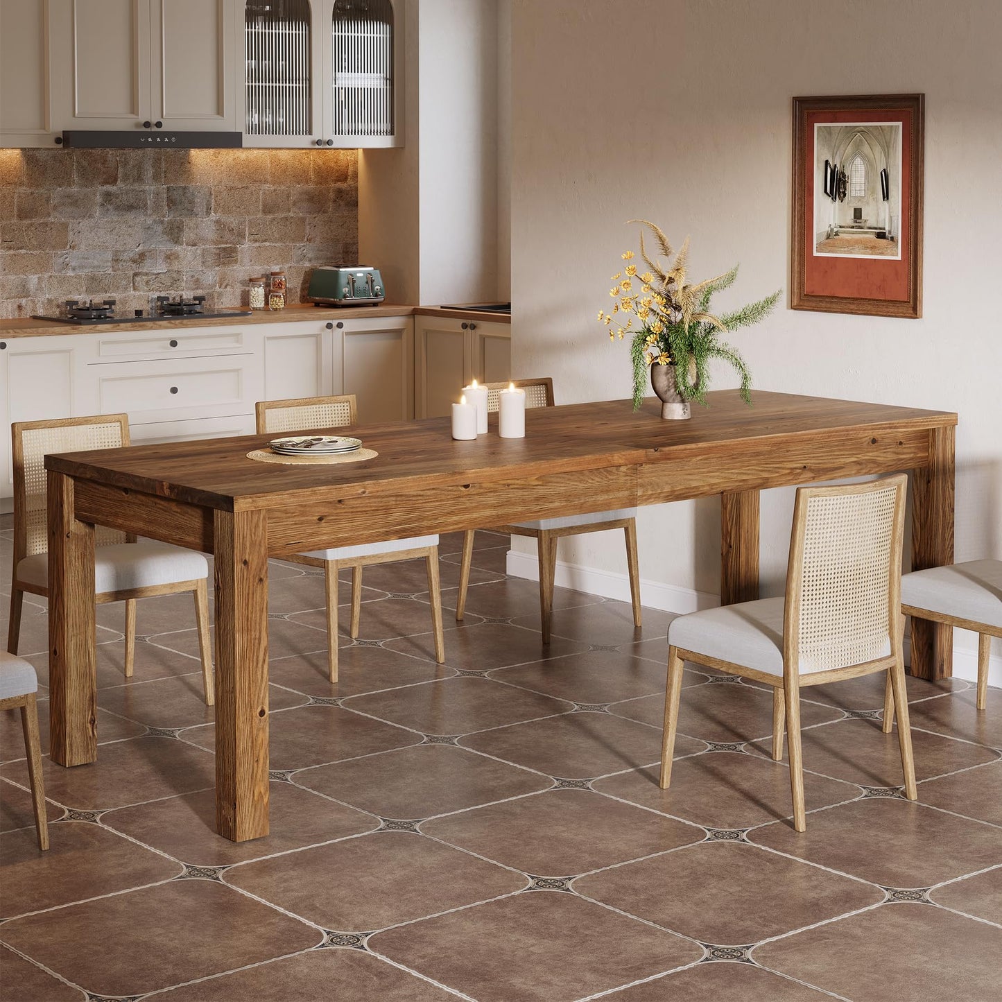 78.7" Large Dining Table for 6 8 10, Solid Wood Rustic Kitchen Table, Modern Farmhouse Rectangular Dining Desk for Kitchen, Living Room, Wood Brown