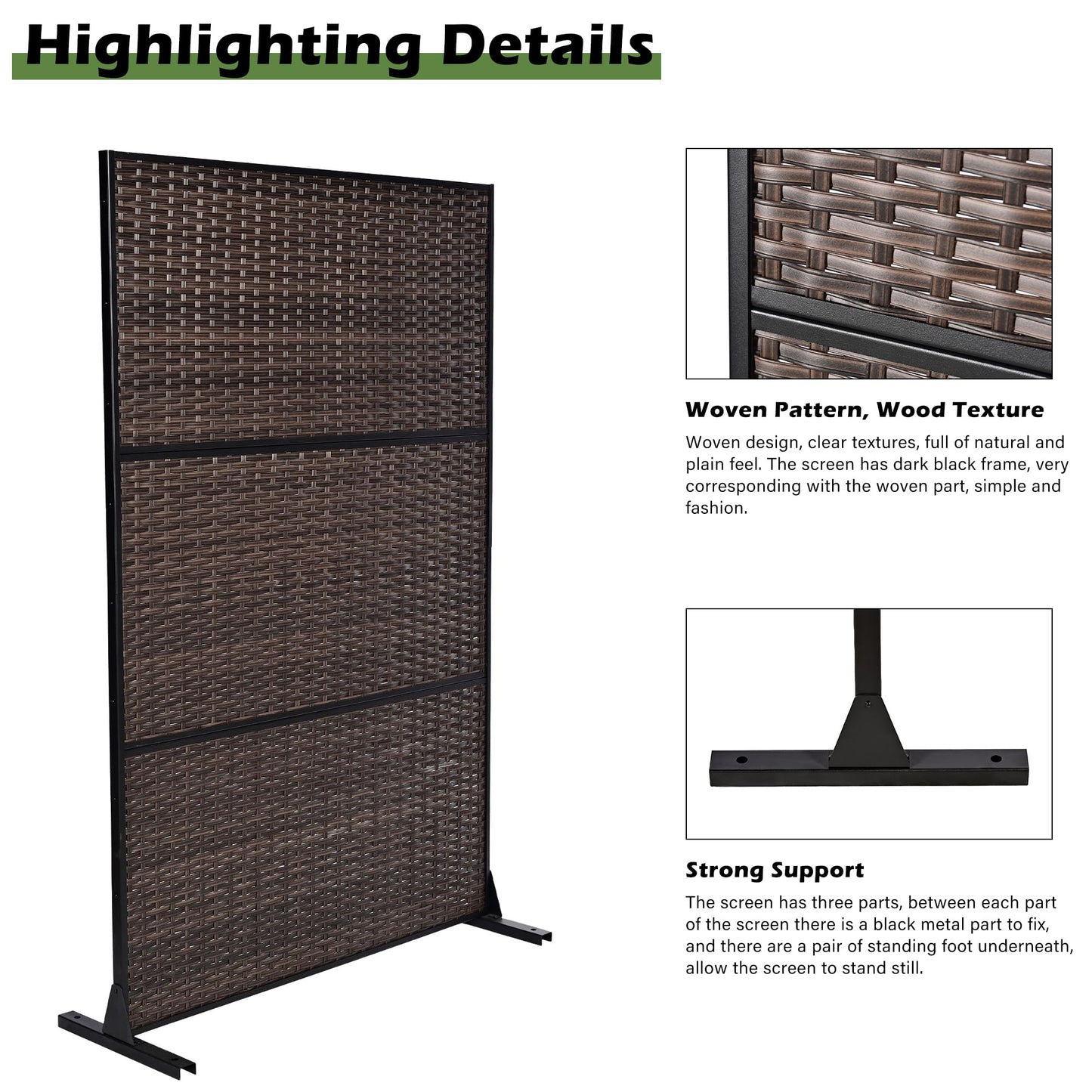 Outdoor Metal Privacy Screen with Stand, 72" H x 47" W Freestanding Outdoor Patio Divider, Decorative Patio Privacy Fence Panel for Garden Backyard Balcony Porch (Brown-Crossbanding)