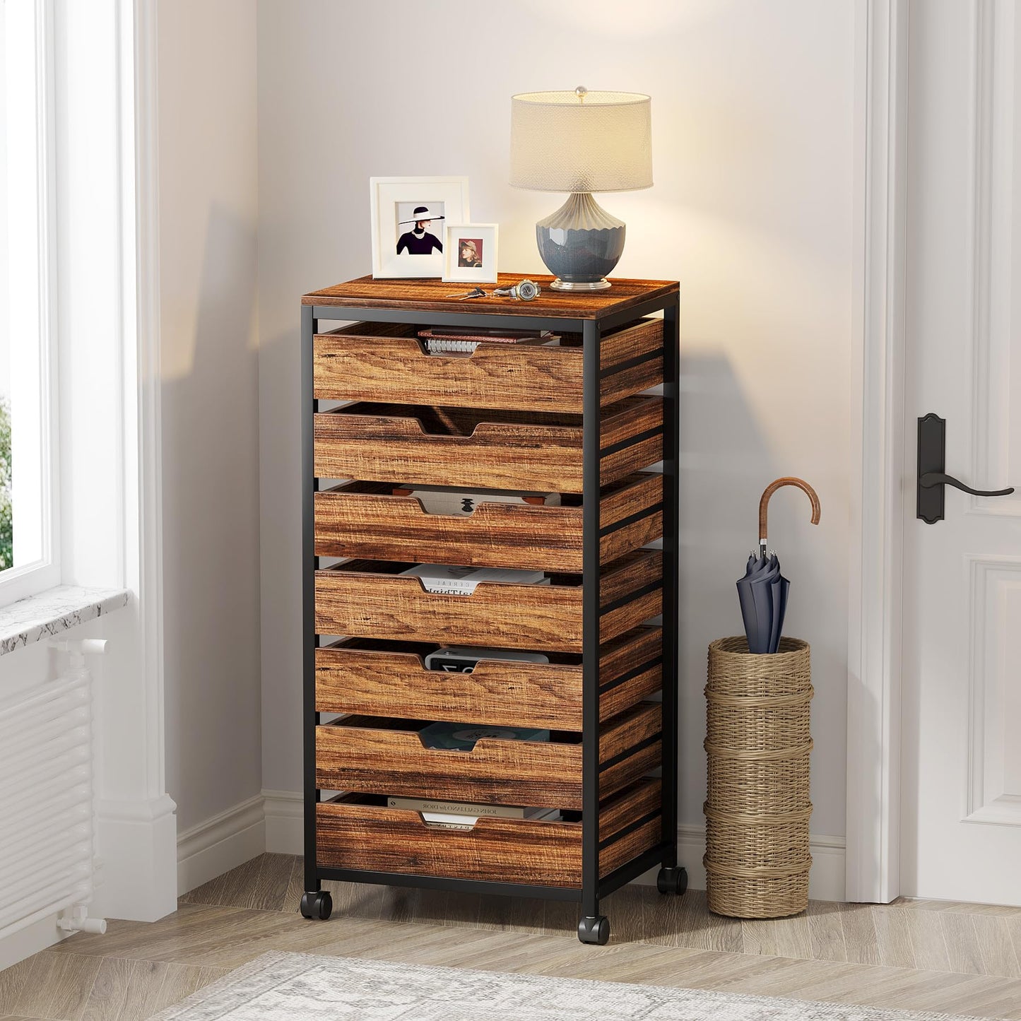 Tribesigns 5 Drawer Chest, Wood Storage Dresser Cabinet with Wheels, Industrial Storage Drawer Organizer Cart for Office Bedroom Entryway (Rustic Brown, 1 PC)