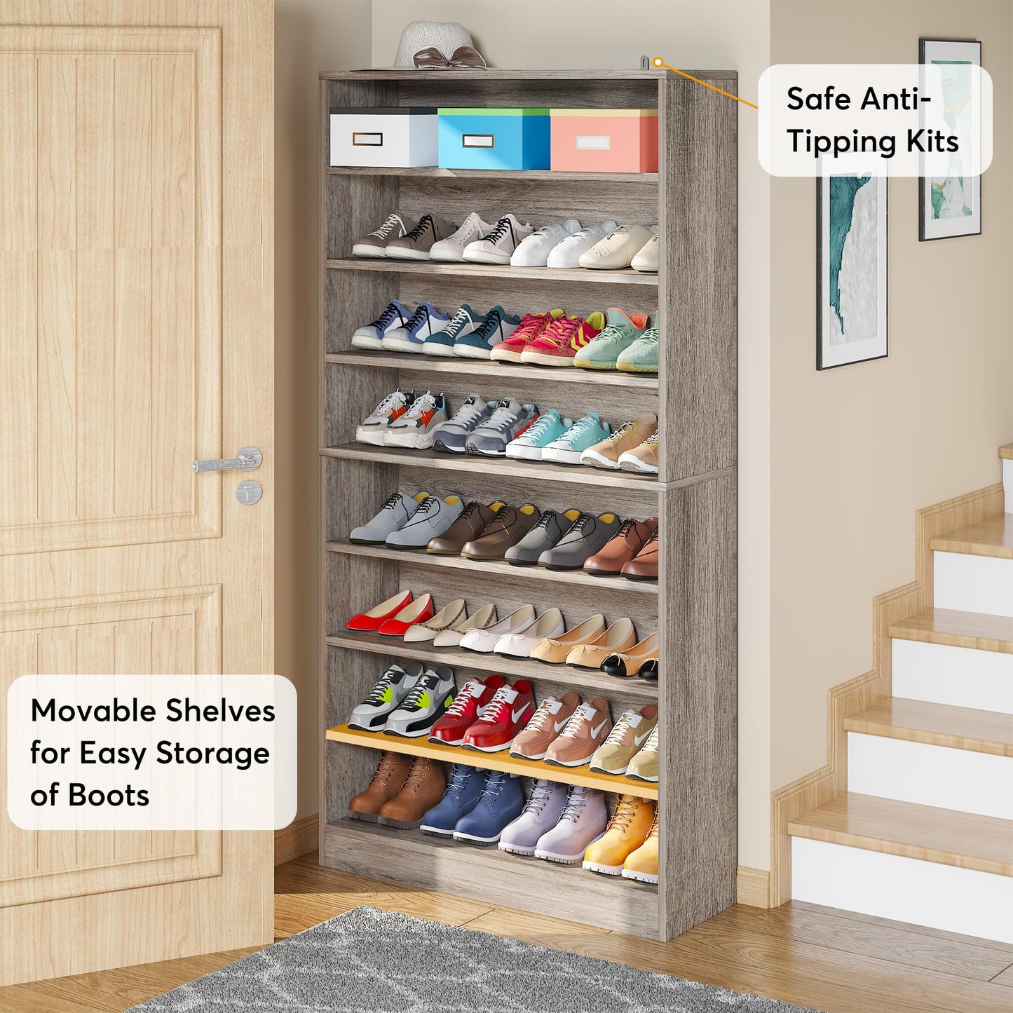 Tribesigns Shoe Cabinet, 9 Tiers 40-45 Pairs Heavy Duty Wood Freestanding Shoe Storage Cabinet, 70.8'' Tall Shoe Cabinet with Open Storage for Entryway, White