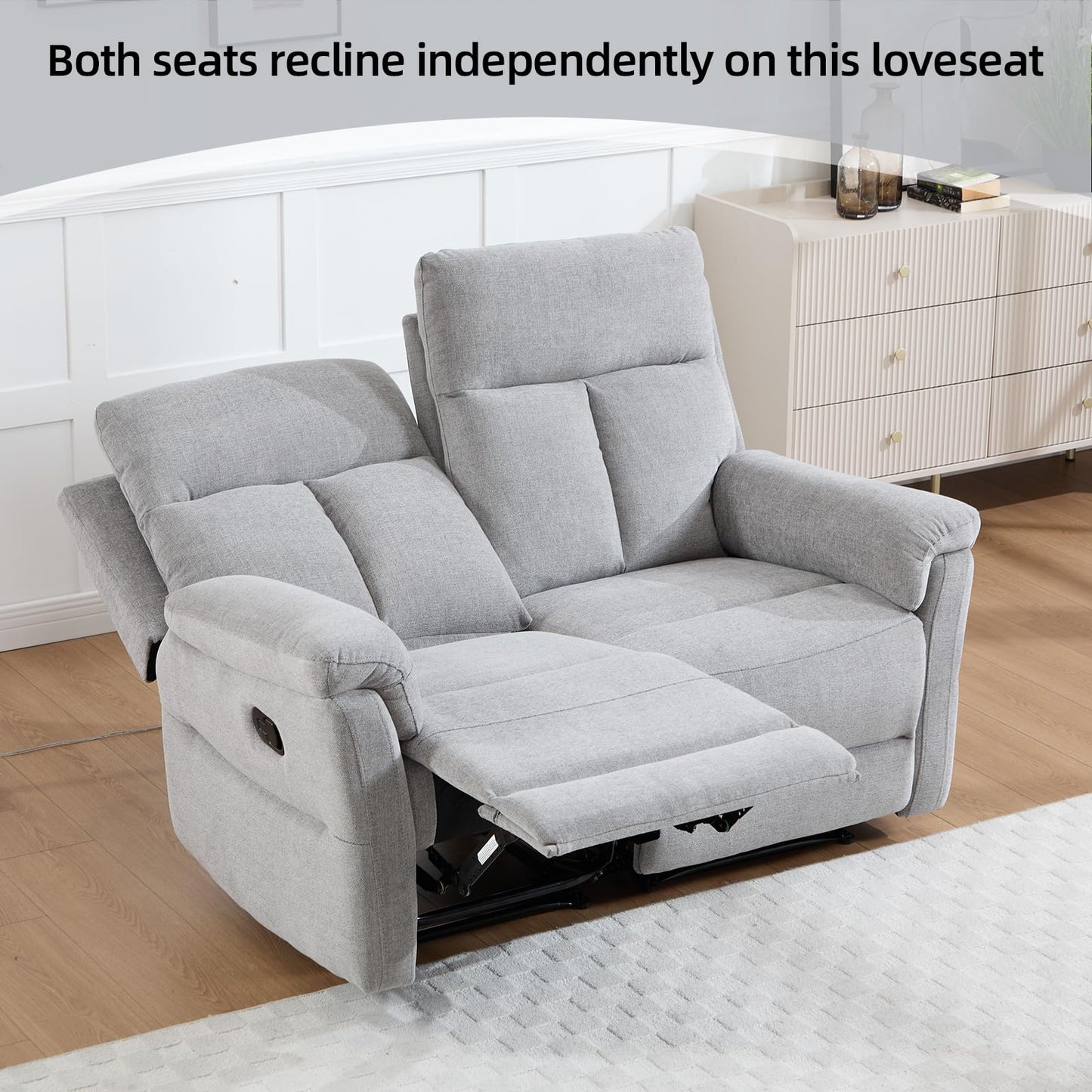 IOMOR Manual Reclining Loveseat, Soft Fabric Loveseat Recliner Couch for Adults with Overstuffed Arms and Back, Double Sofa Recliner for Living Room (Light Gray)