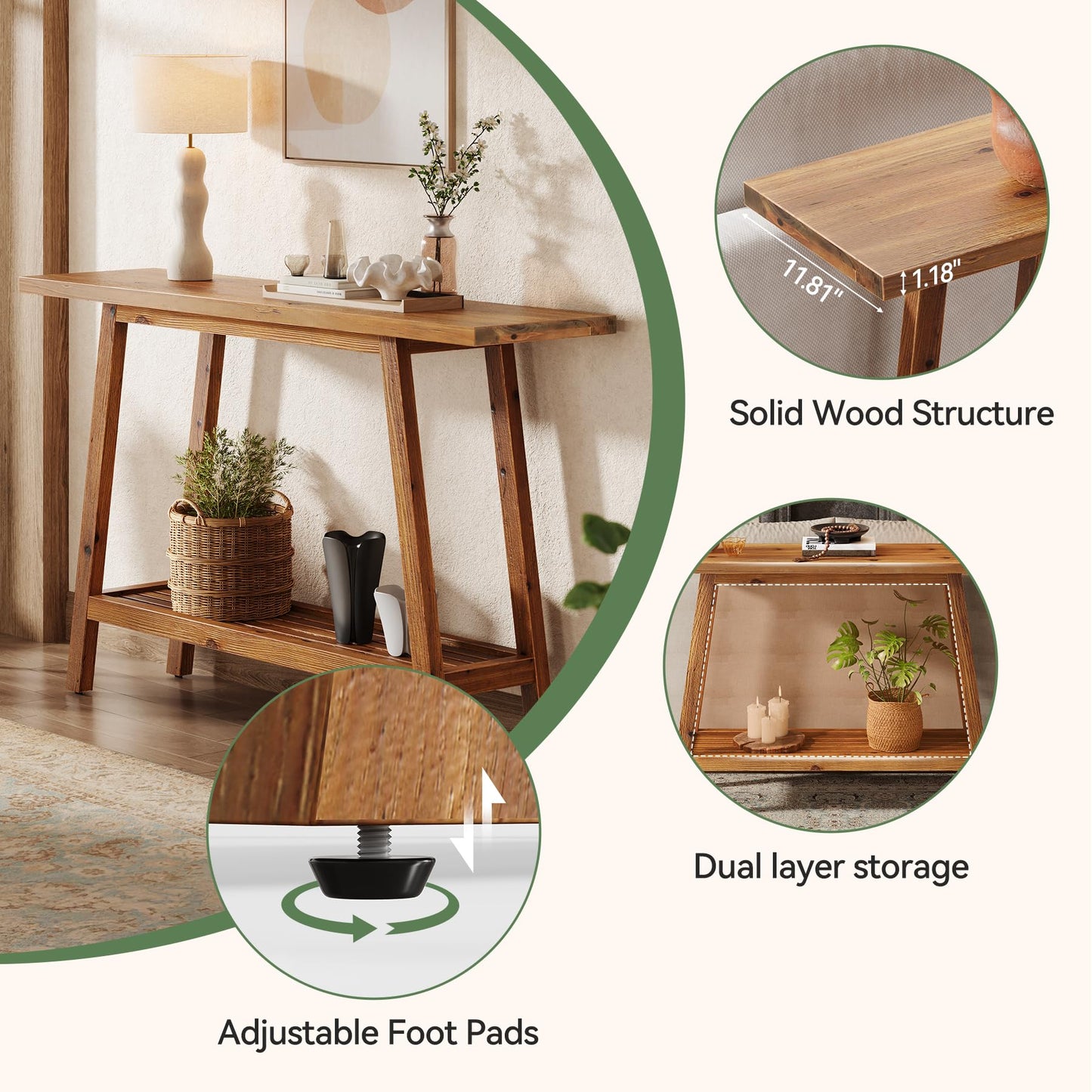 Solid Wood Console Table, 41.3" Rustic Entryway Table with Storage Shelf, 2 Tiers Narrow Skinny Couch Table Behind Sofa for Hallway, Entrance, Foyer, Living Room, Brown (Brown)