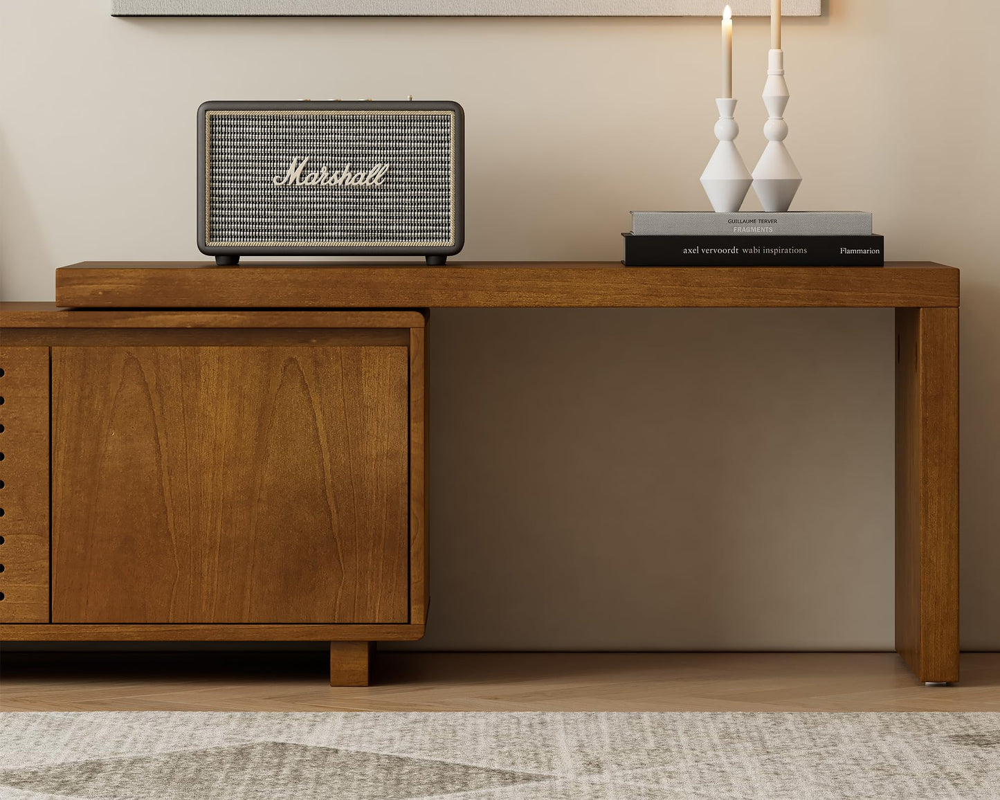 LKTART Mid Century Modern Rattan TV Stand for 65 Inch TV,59" Boho Media Console with Sliding Doors & Open Shelves,Solid Wood Legs for Living Room,Light Walnut