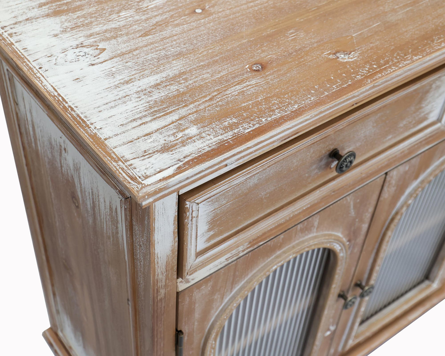 LKTART 60" Farmhouse Sideboard Buffet,Solid Fir Wood Frame with Hollowed-Out Carved Doors,Hand-Distressed Design,Versatile Storage Cabinet for Kitchen, Living Room,Natural Wood