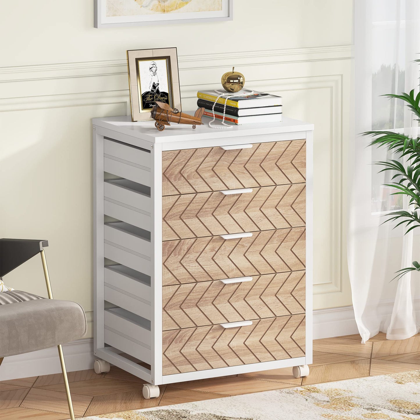 Tribesigns 5 Drawer Chest, Wood Storage Dresser Cabinet with Wheels, Industrial Storage Drawer Organizer Cart for Office Bedroom Entryway (Rustic Brown, 1 PC)