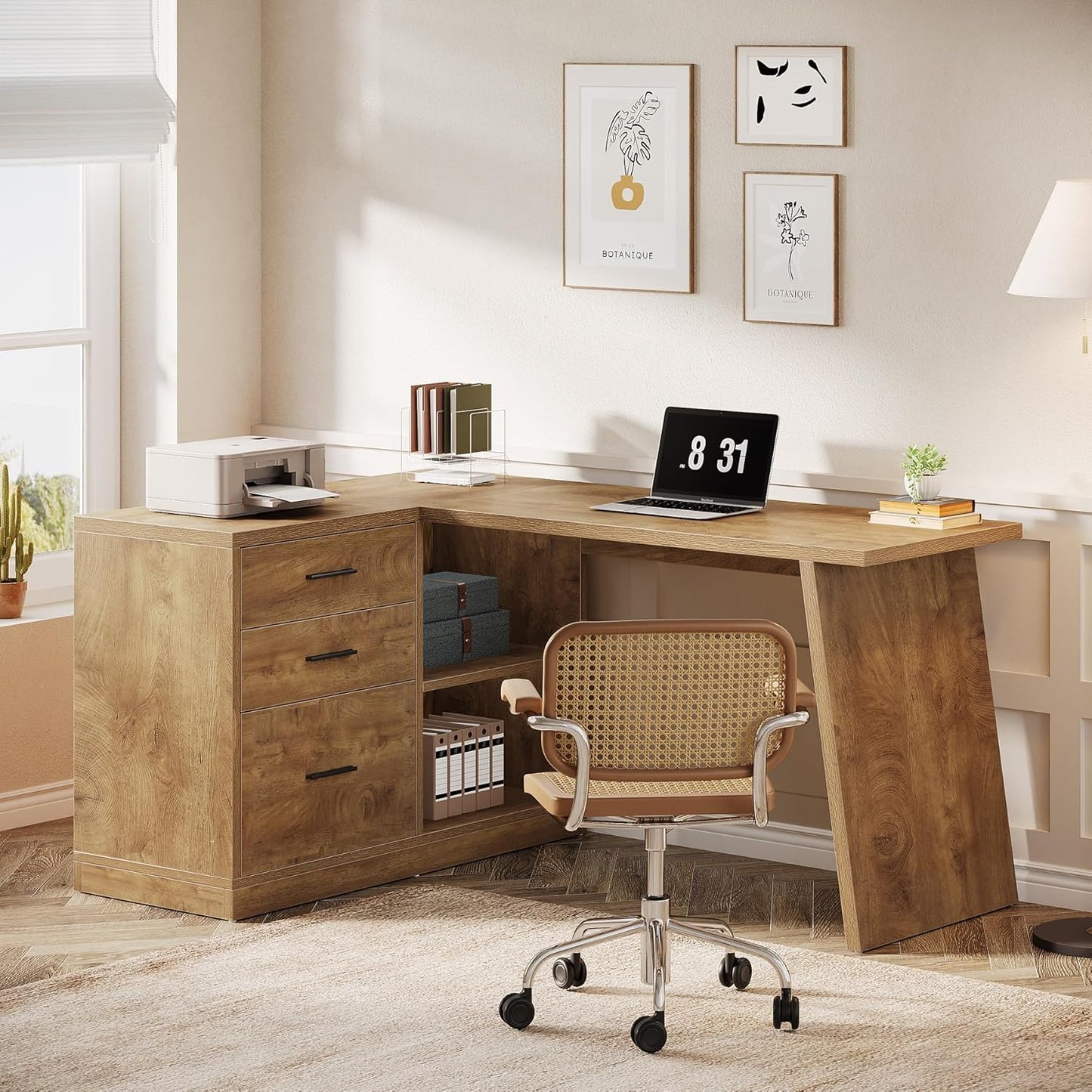 Tribesigns 55-Inch L Shaped Computer Desk with 3 Drawers, Corner Home Office Desk with Storage Shelves, Farmhouse Wood Executive Desk for Work Writing Sturdy, Gaming, Brown