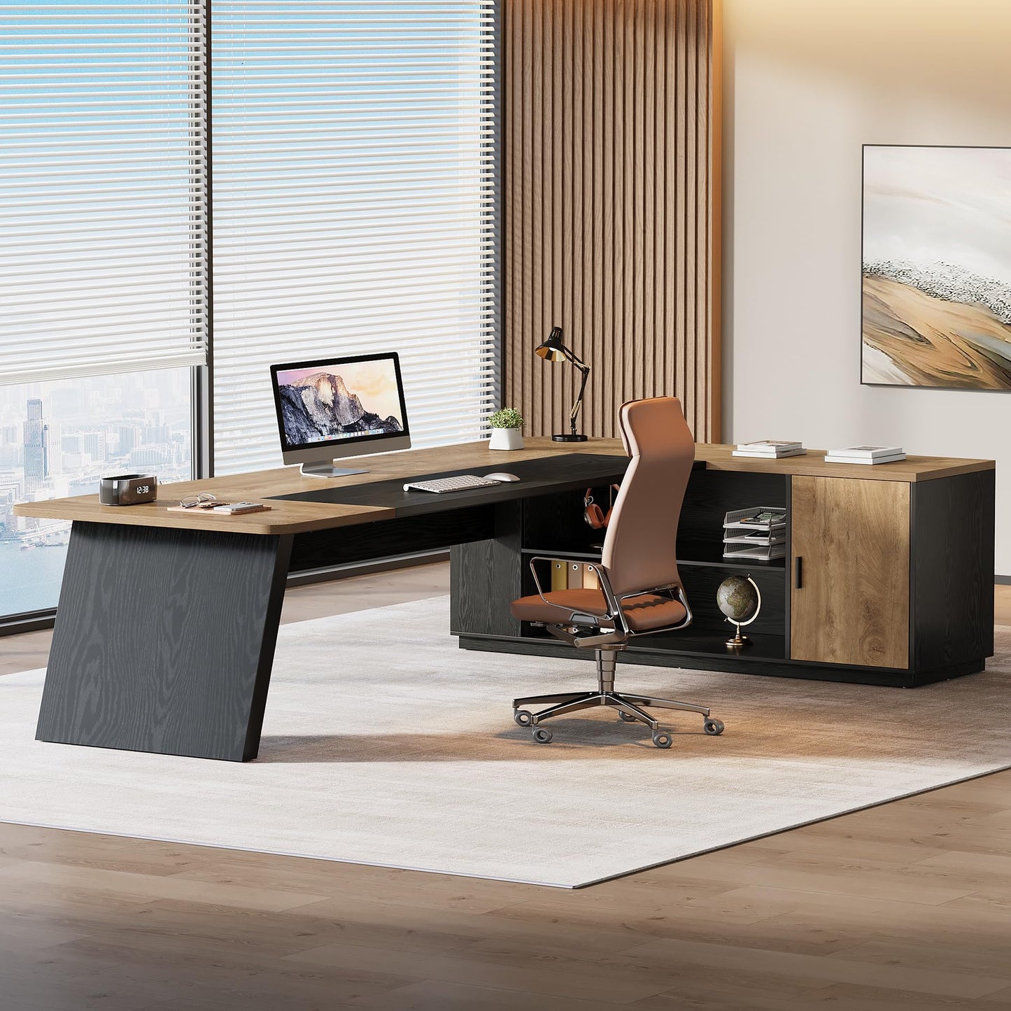 Tribesigns 79-Inch Executive Desk, Large Office Desk with Cabinet, L-Shaped Compter Desk with Storage Shelves, Writing Table for Home Office, Brown and Black