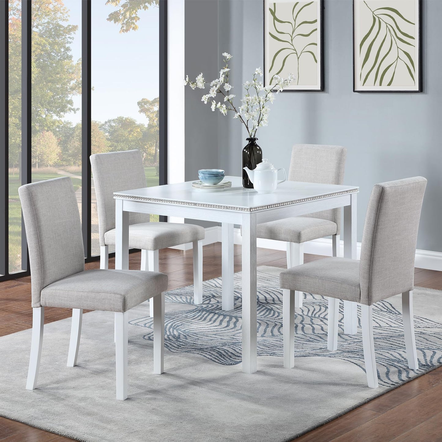 LKTART 5-Piece Kitchen & Dining Room Table and Chairs Sets,Small Square Kitchen Table with 4 Upholstered XX-Shaped Backrest Chairs,Walnut