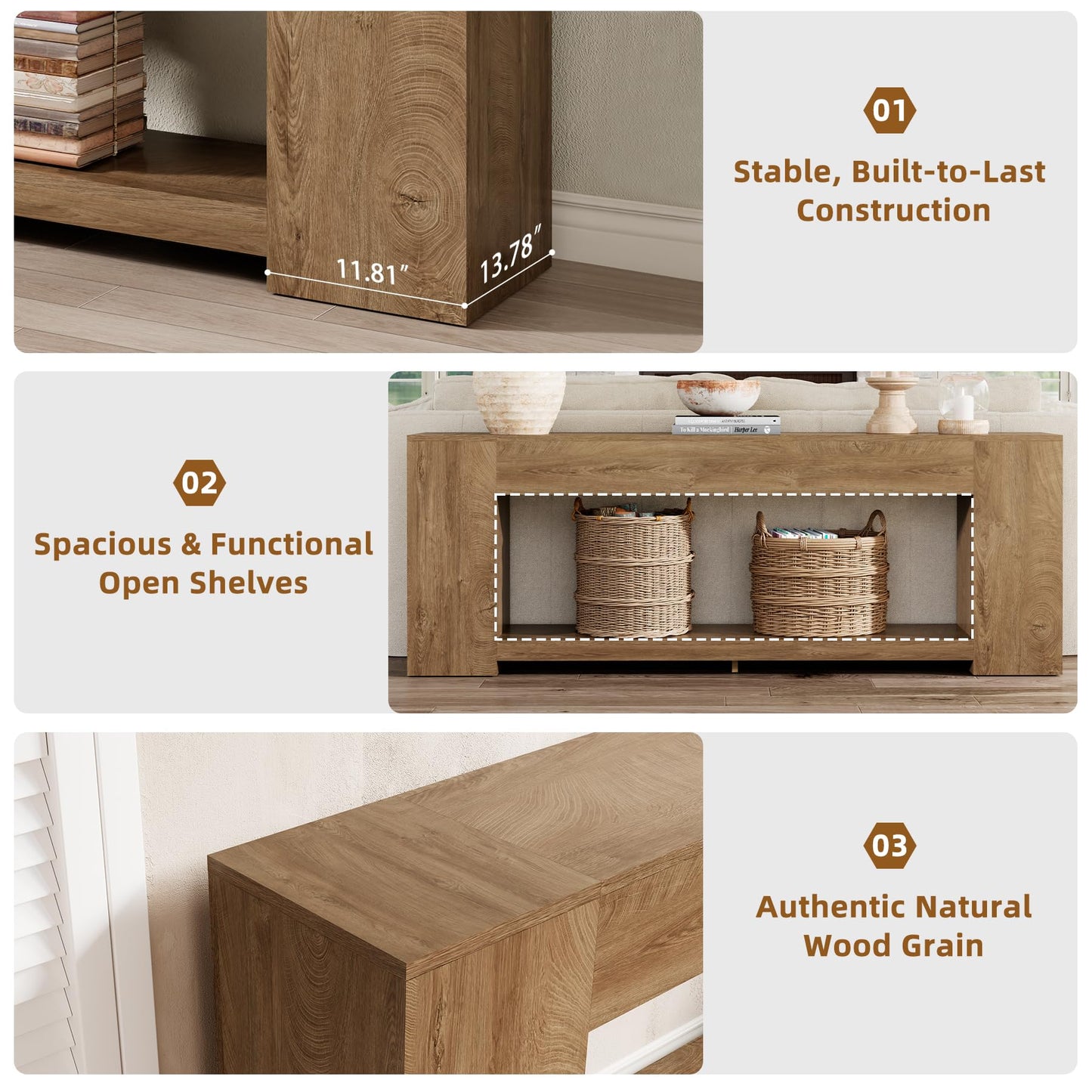 Epecoya 86-Inch Extra Long Console Table for Entryway, Farmhouse Sofa Table Behind Couch Wooden, 2-Tier Entry Console Tables with Storage for Entrance, Living Room, Natural Oak Brown