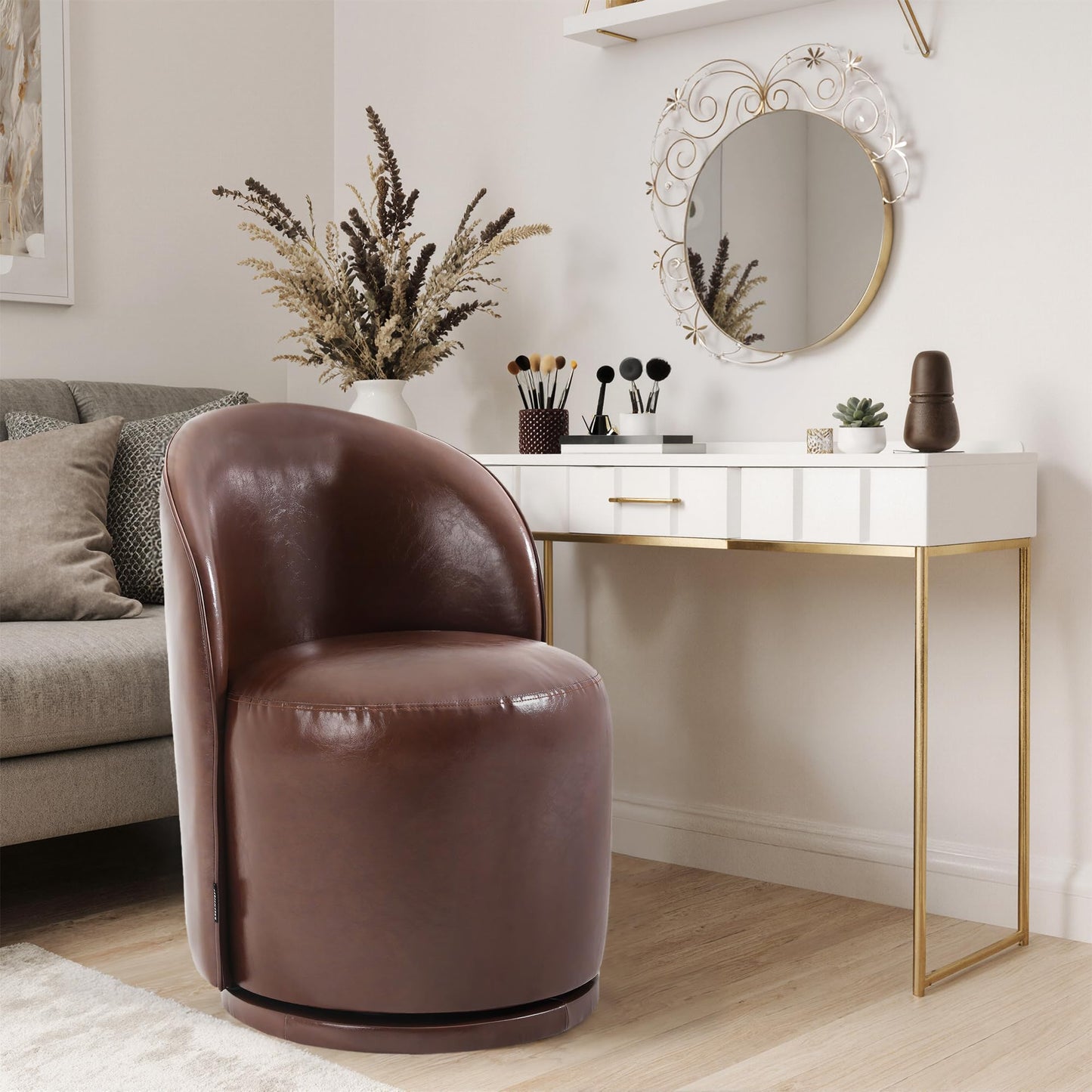 Swivel Barrel Dining Chairs Set of 2, Faux Leather Upholstered Round Dining Chairs, 360° Swivel Vanity Chair Comfy Armless Accent Makeup Chair for Dining/Living Room Makeup Room, Brown