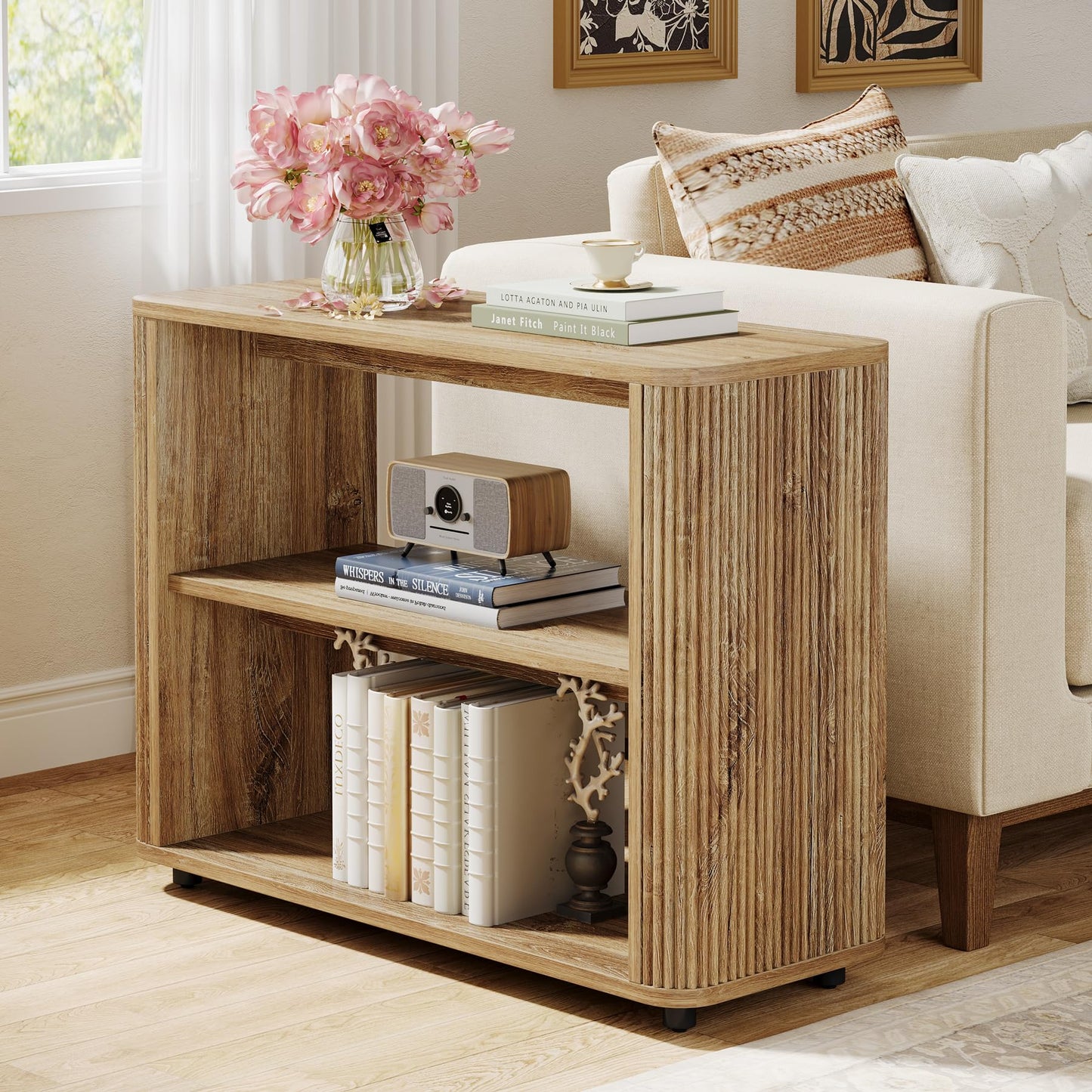 Tribesigns Narrow Side Table, 3-Tier End Table for Living Room, Small Fluted Nightstand with Storage Shelves, Farmhouse Bedside Table for Bedroom, Small Spaces, Sofa Couch, Dark Walnut