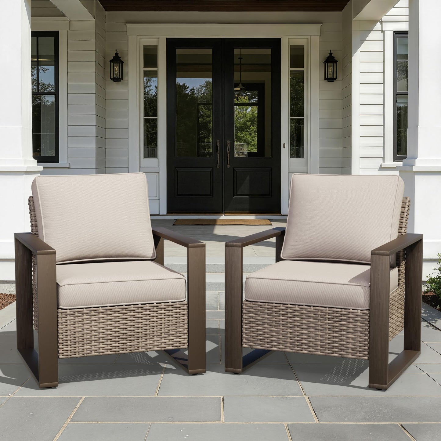 Joyside Outdoor Patio Swivel Rocker Chairs, 3 Pieces Wicker Furniture Set, 2 Swivel Rocking Chairs and 1 Table, Metal Wide Armrest, Thick Cushions and Deep Seating for Garden, Backyard, Porch, Deck