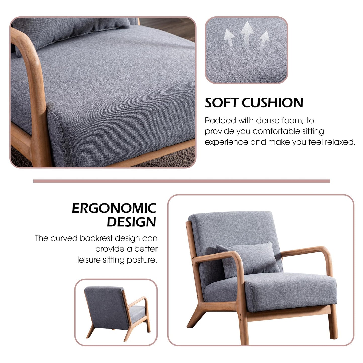 IOMOR Accent Chair Mid Century Modern Chair Linen Fabric Living Room Chairs with Solid Wood Frame Comfy Upholstered and Lumbar Pillow Reading Side Chair Easy Assembly for Bedroom Room (1, Linen Green)