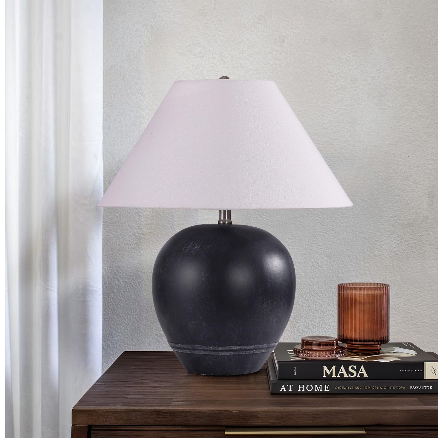Farmhouse Ceramic Table Lamp, 21" Rustic Table Lamp with Linen Shade, 3-Way Dimmable Bedside Nightstand Lamps for Bedroom, Living Room, E26 Socket, Dark Grey