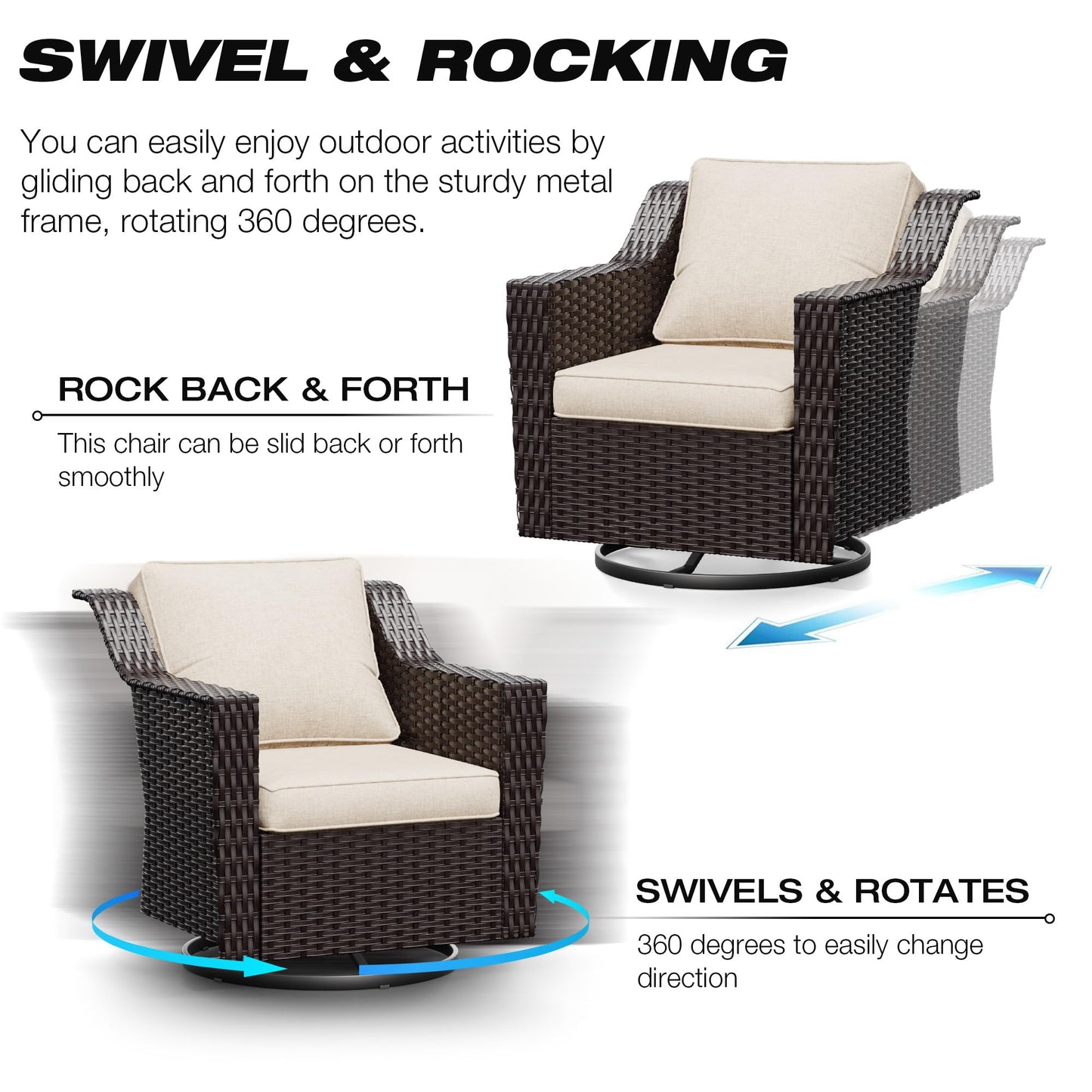 Joyside Patio Sofa - 3 Seater Rattan Sofa, All Weather High Back Sofa, Upgraded Large Size with 4inch Seat Cushions for Backyard, Garden, Poolside (Brown/Blue)